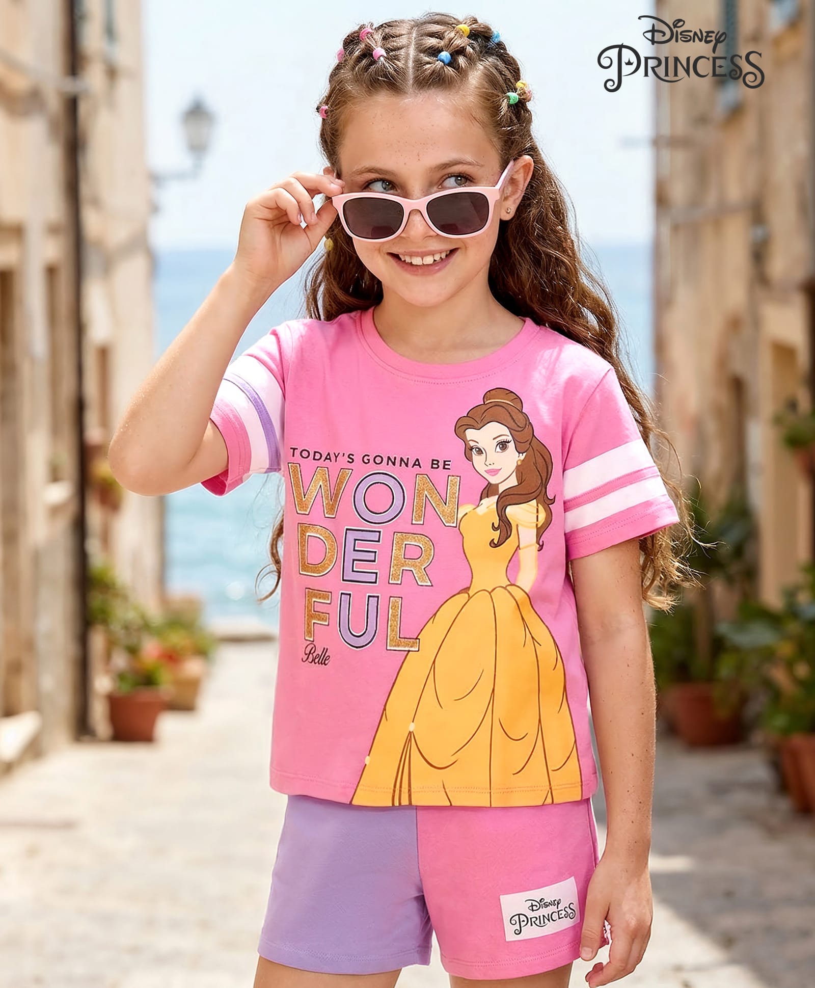 Pine Kids Disney 100% Cotton Knit Half Sleeve T-Shirt & Shorts Set With Disney Princess Graphics - Multicolour-image-38