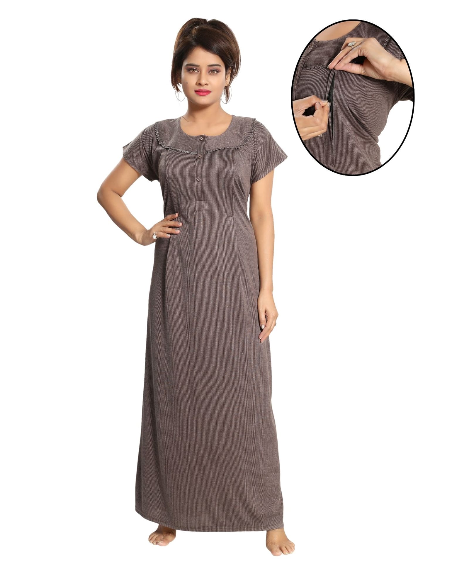 Fabme Woven Half Sleeves Striped Maternity Nighty WIth Side Zipper Nursing Access - Chocolate-image-17