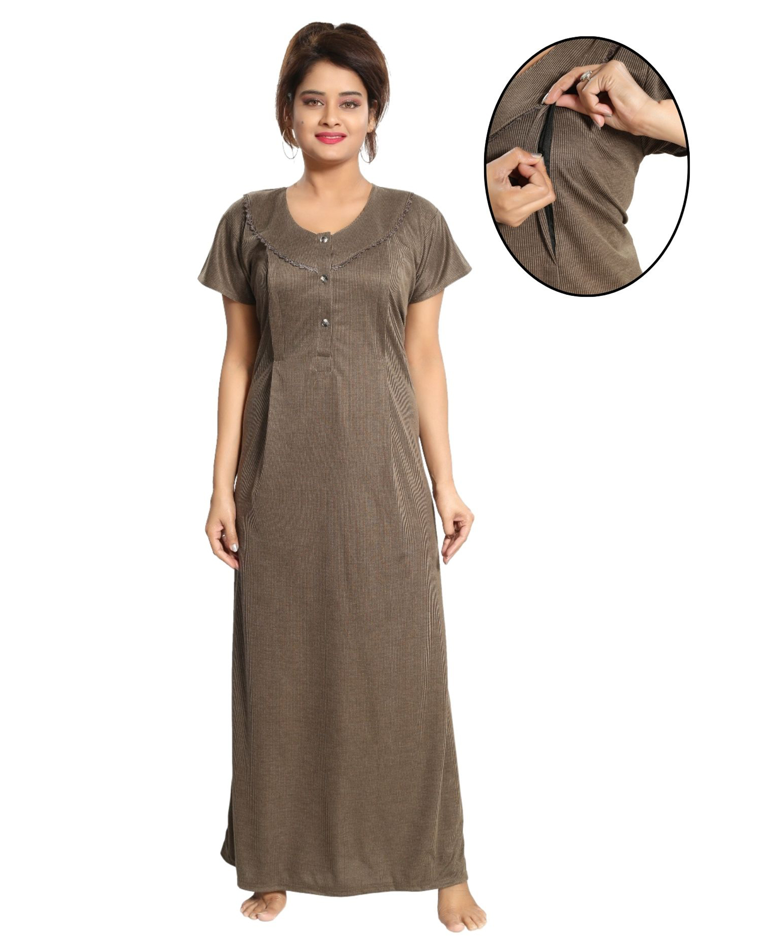Fabme Woven Half Sleeves Striped Maternity Nighty WIth Side Zipper Nursing Access - Mehendi-image-1