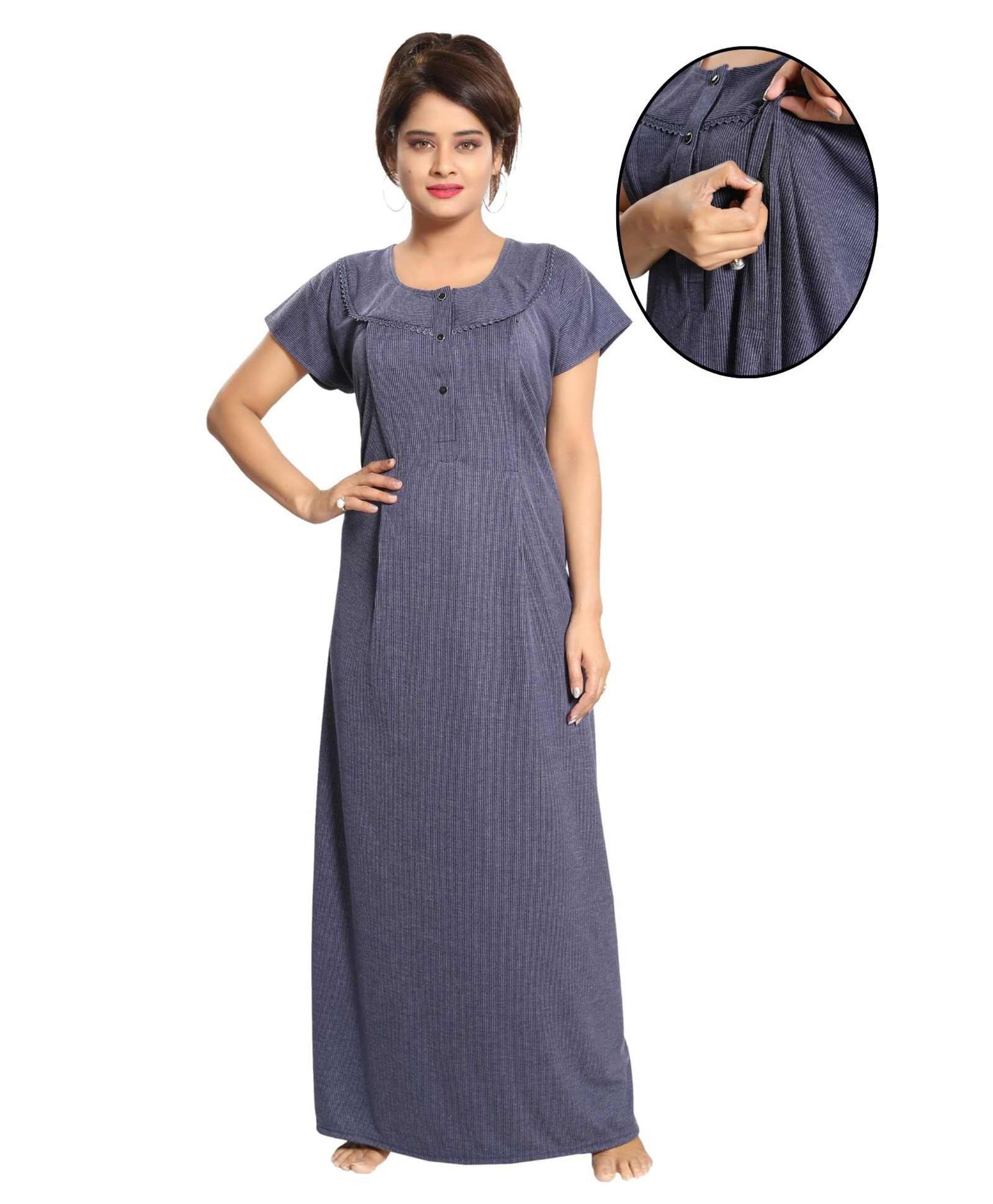 Fabme Woven Half Sleeves Striped Maternity Nighty WIth Side Zipper Nursing Access - Blue-image-46