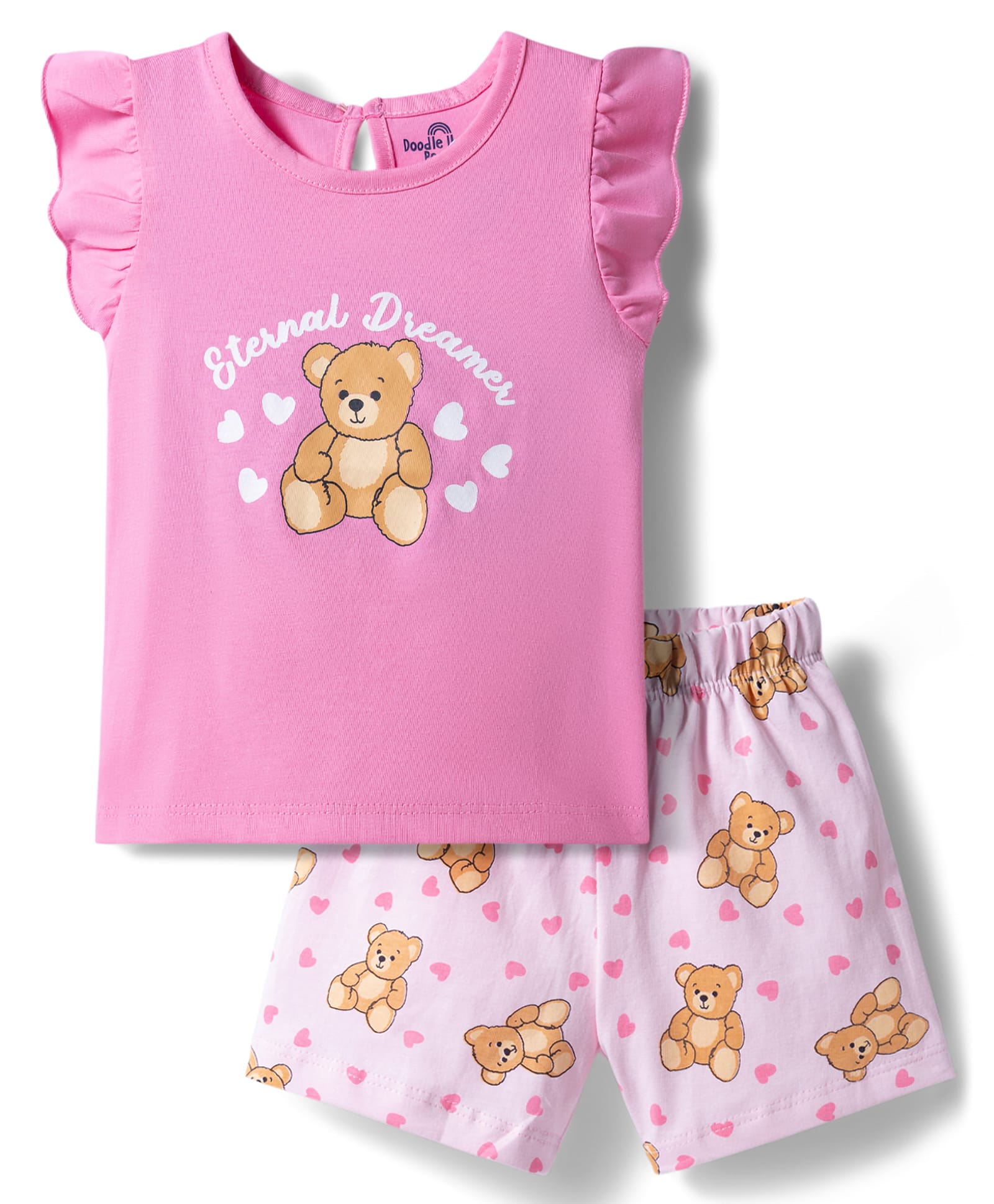 Doodle Poodle 100% Cotton Knit Sleeveless T-Shirt & Shorts Night Suit with Teddy Print - Pink-picture-38