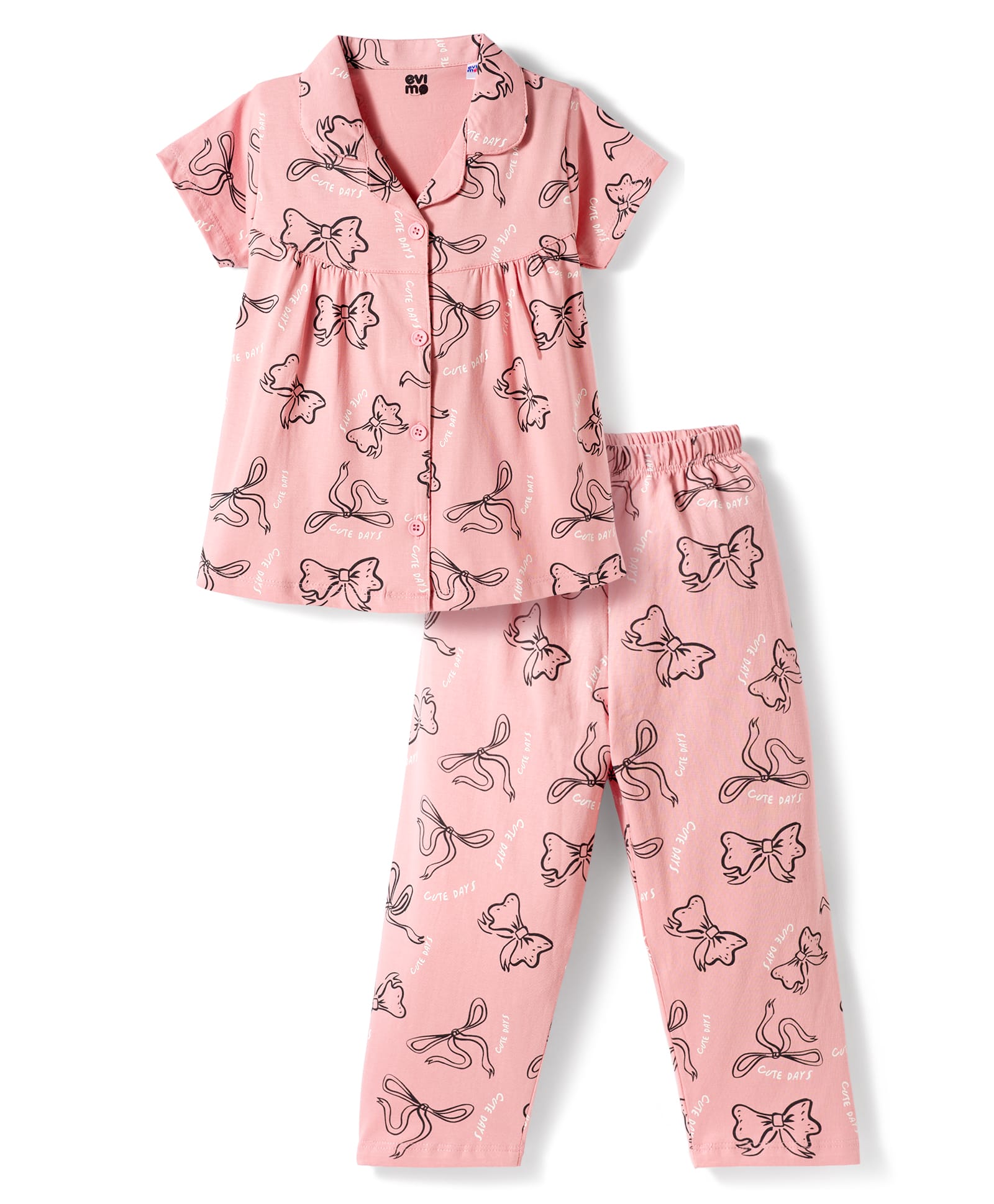 Evimo Single Jersey Knit Half Sleeves Co-Ords Top & Pyjama Night-Suit With Bow Print - Pink-picture-49