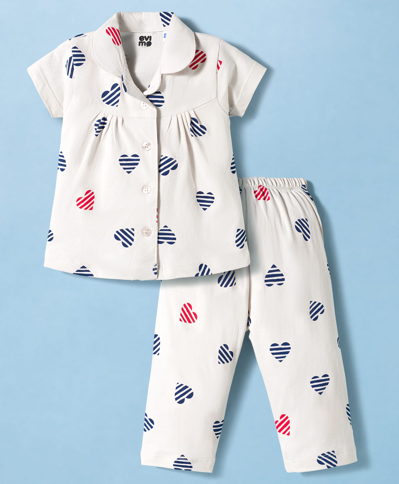 Evimo Single Jersey Knit Half Sleeves Co-Ord Top & Pyjama Night-Suit With Heart Print - Light Grey-image-12
