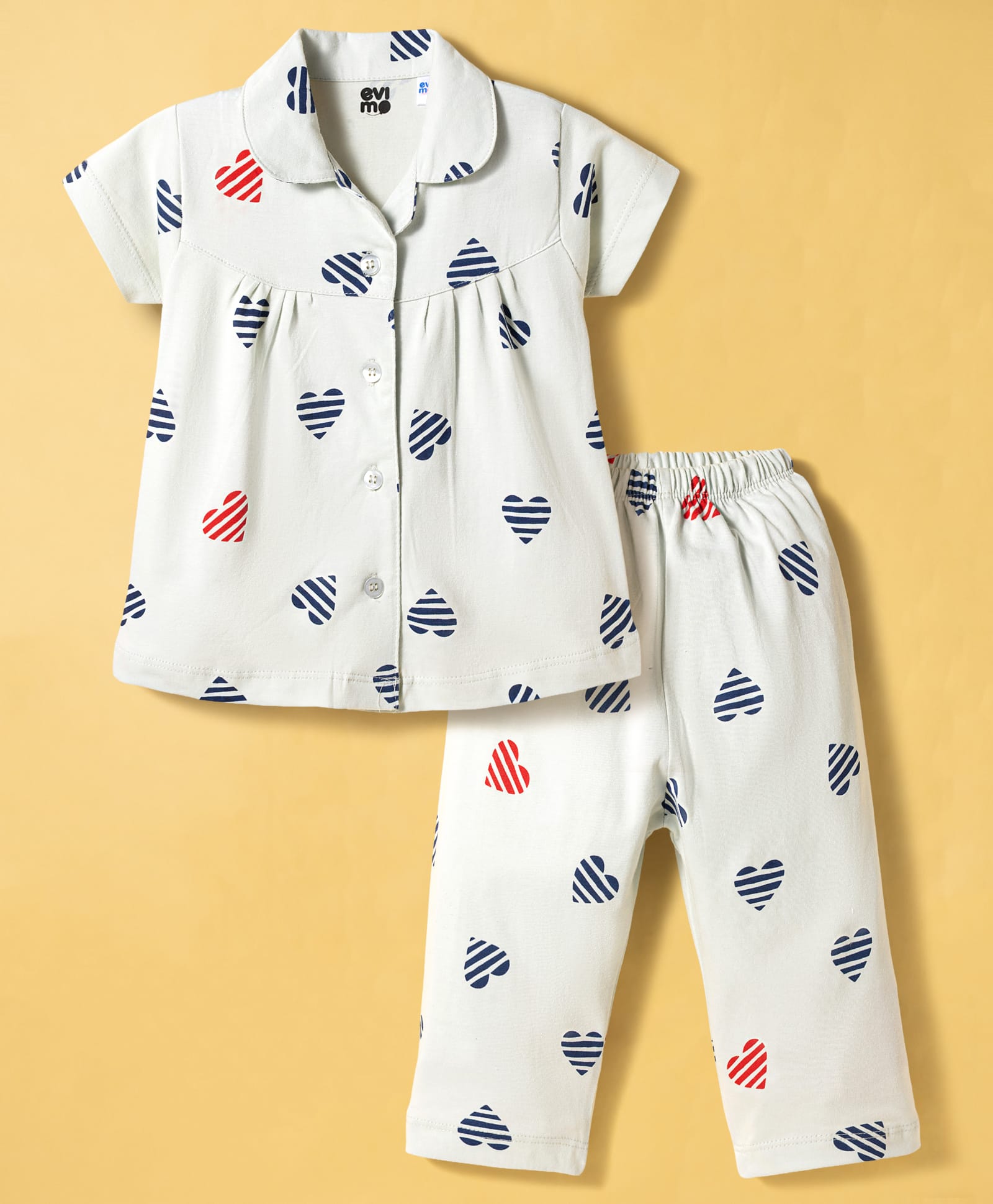 Evimo Single Jersey Knit Half Sleeves Co-Ord Top & Pyjama Night-Suit With Heart Print - Green-picture-43