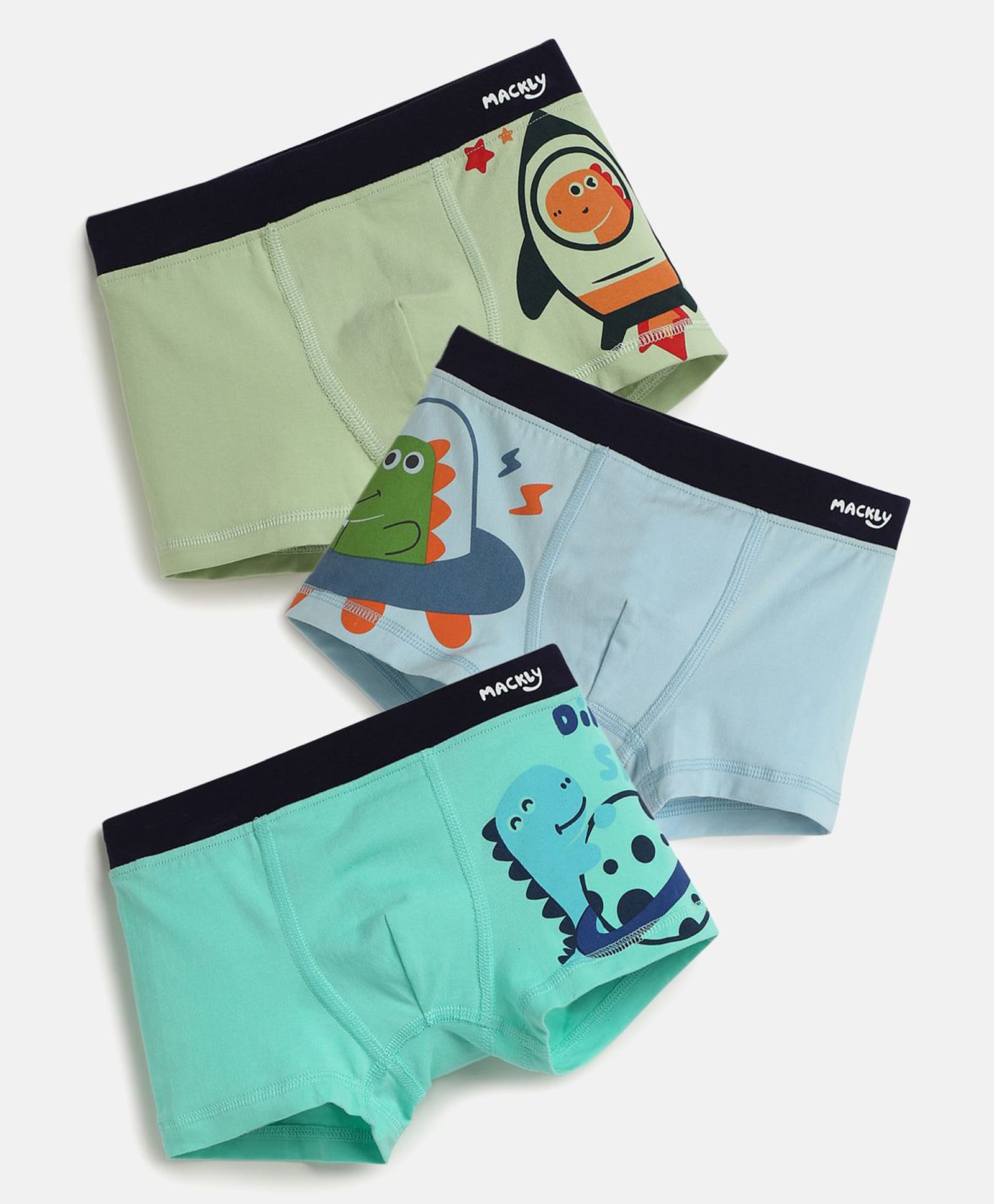 Mackly Cotton Elastane Knit Pack Of 3 Space Theme & Dinosaur Printed Boxers - Light Green Light Blue & Turquoise-picture-29