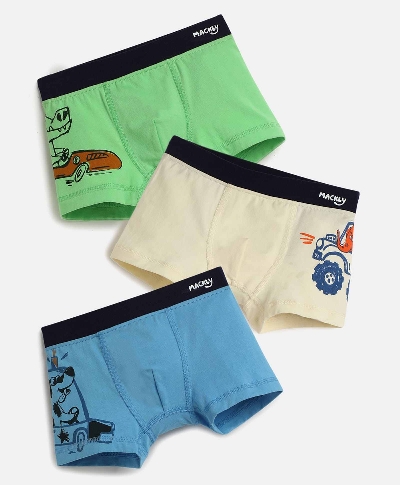 Mackly Cotton Elastane Knit Pack Of 3 Animals & Vehicles Printed Boxers - Green Cream & Blue-picture-26