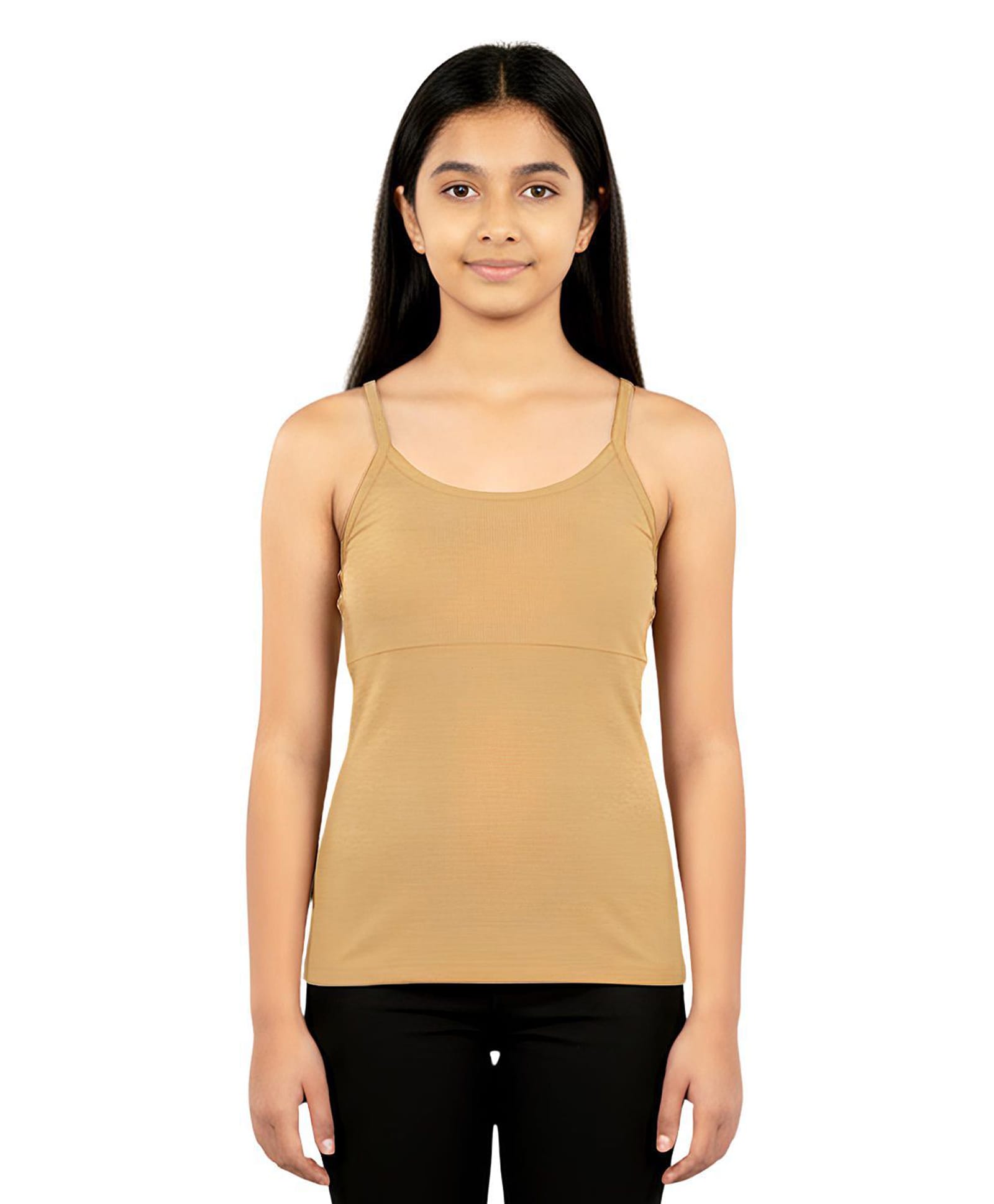 Mackly Girls Cotton Elastane Knit Sleeveless Solid Padded Camisole - Beige-picture-15