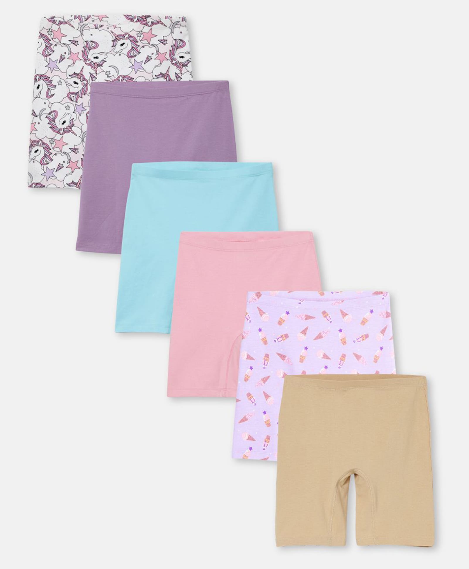 Mackly Cotton Elastane Knit Pack Of 6 Solid & Ice Cream Printed Inner Shorts -White Purple Light Blue Pink Light Purple & Beige