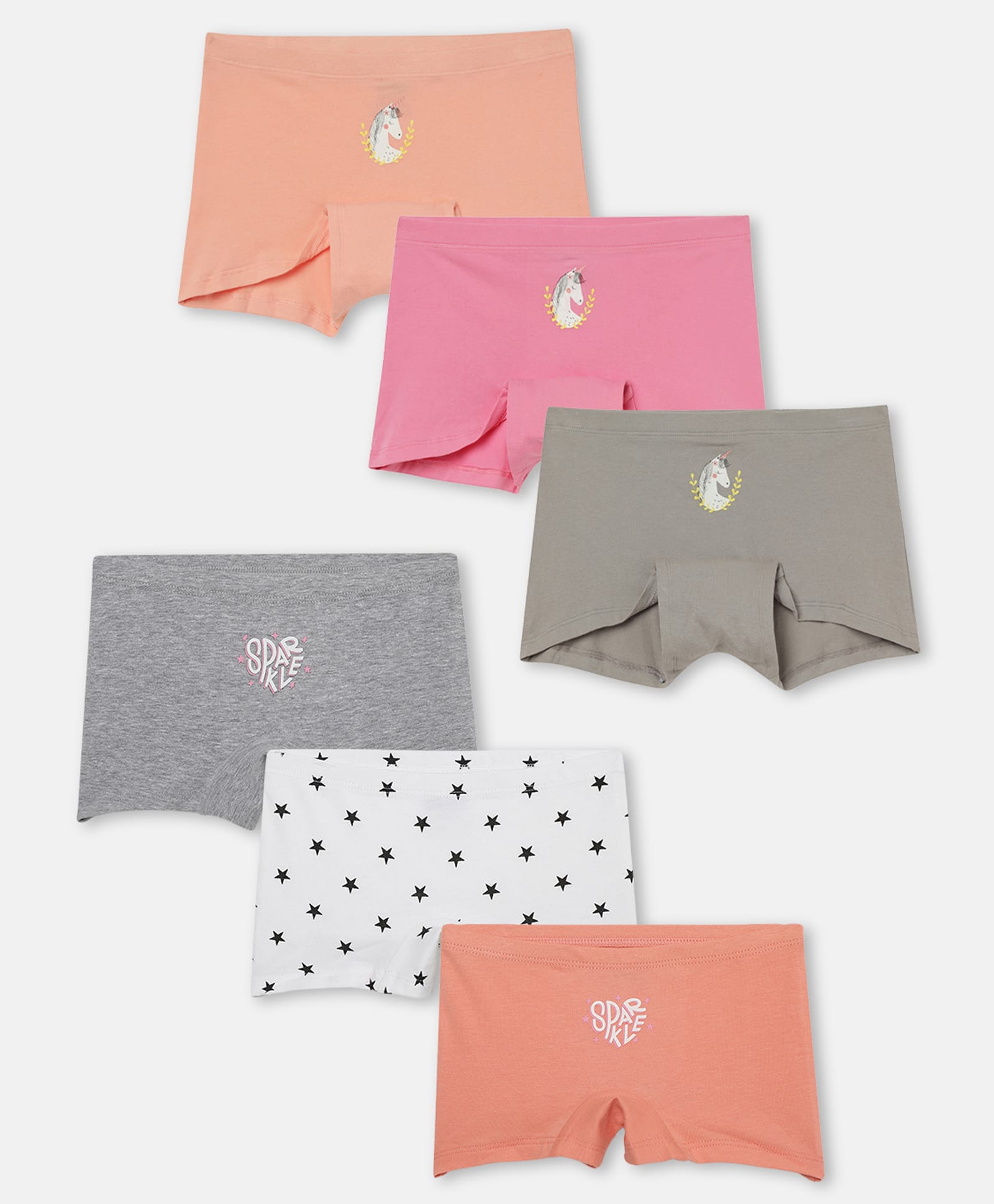 Mackly Cotton Elastane Knit Pack Of 6 Unicorn Typography & Star Printed Boyshorts - Peach Pink Grey White & Orange-picture-10