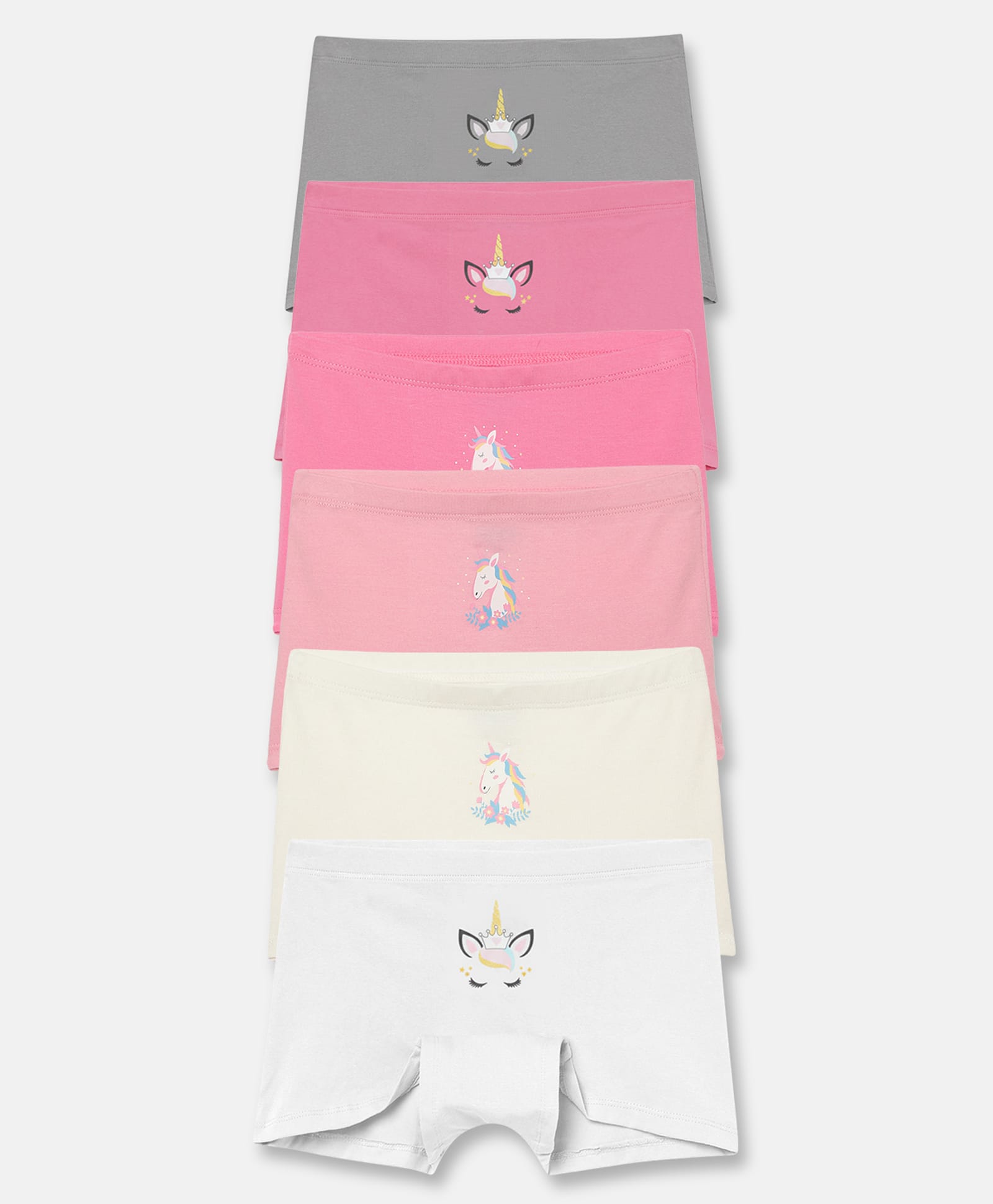 Mackly Cotton Elastane Knit Pack Of 6 Unicorn Printed Boyshorts - Pink Grey White & Cream-picture-36