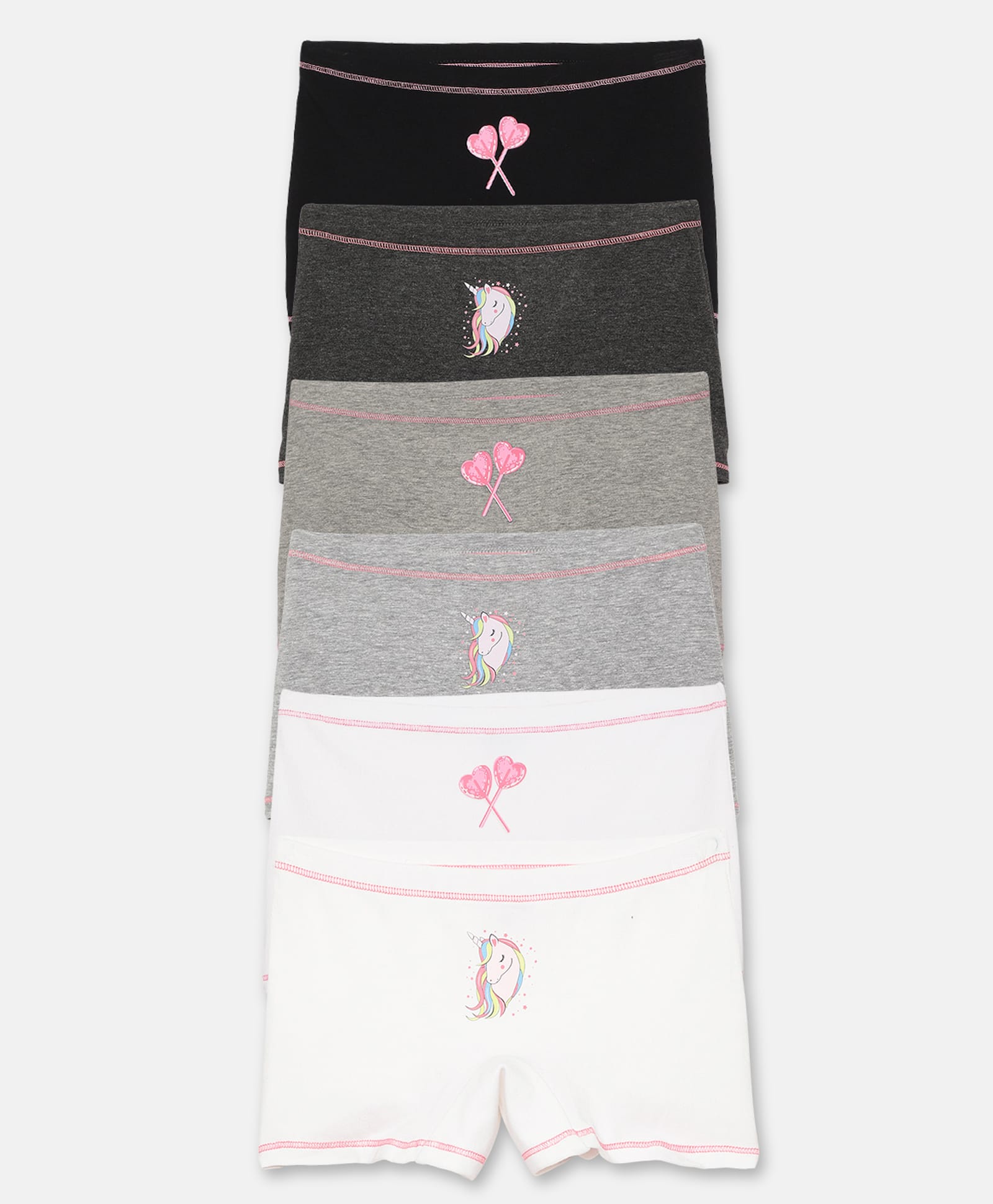 Mackly Cotton Elastane Knit Pack Of 6 Unicorn & Floral Printed Boyshorts - Black Grey Off White & White-picture-16