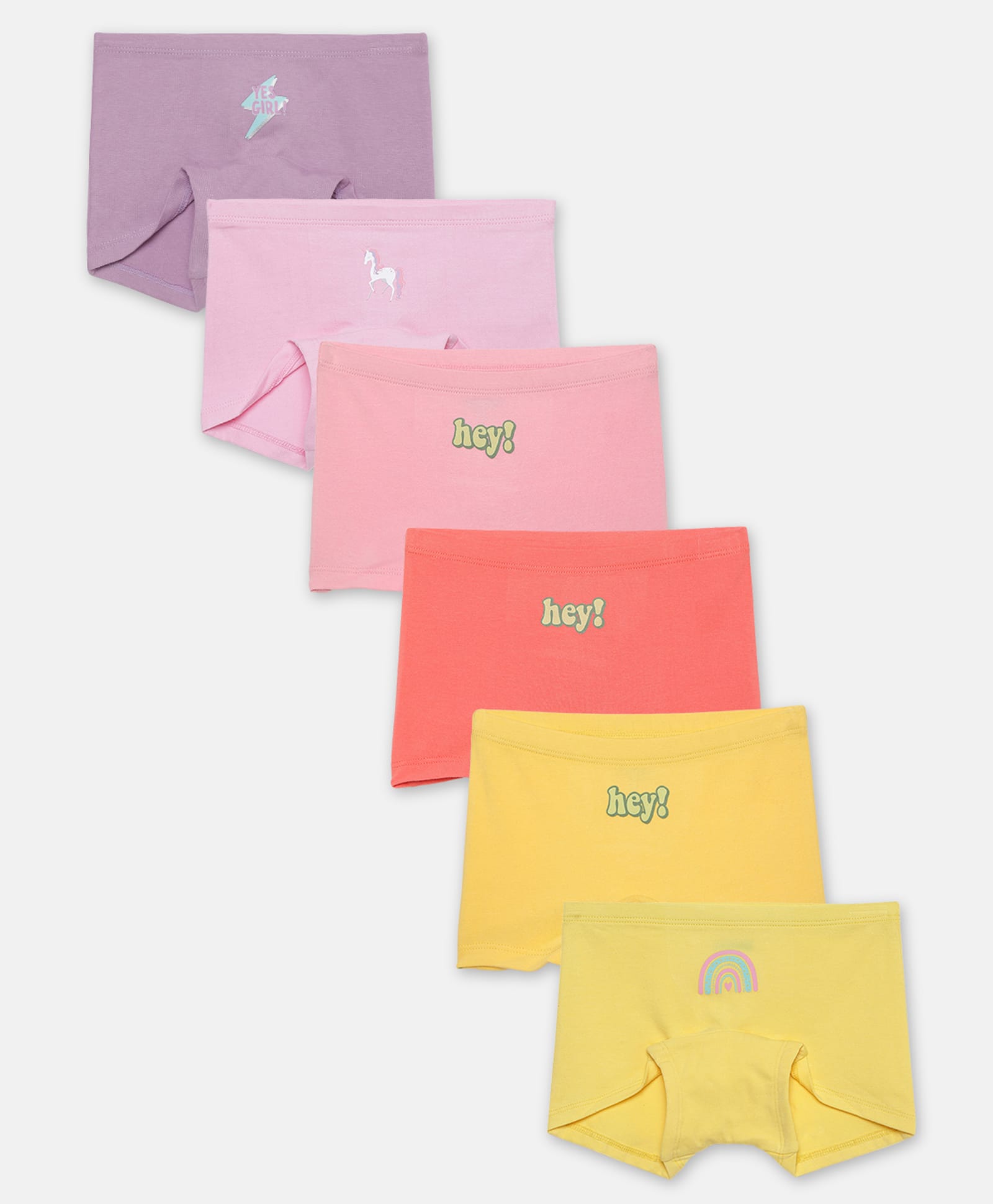 Mackly Cotton Elastane Knit Pack Of 6 Unicorn Typography & Rainbow Printed Boyshorts - Purple Pink Peach Yellow Cream & White-picture-13