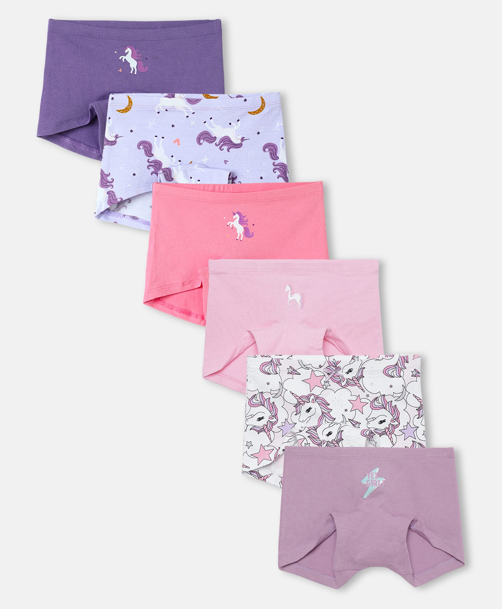 Mackly Cotton Elastane Knit Pack Of 6 Unicorn & Yes Girl Text Printed Boyshorts - Purple Blue Pink White Lavender-picture-31