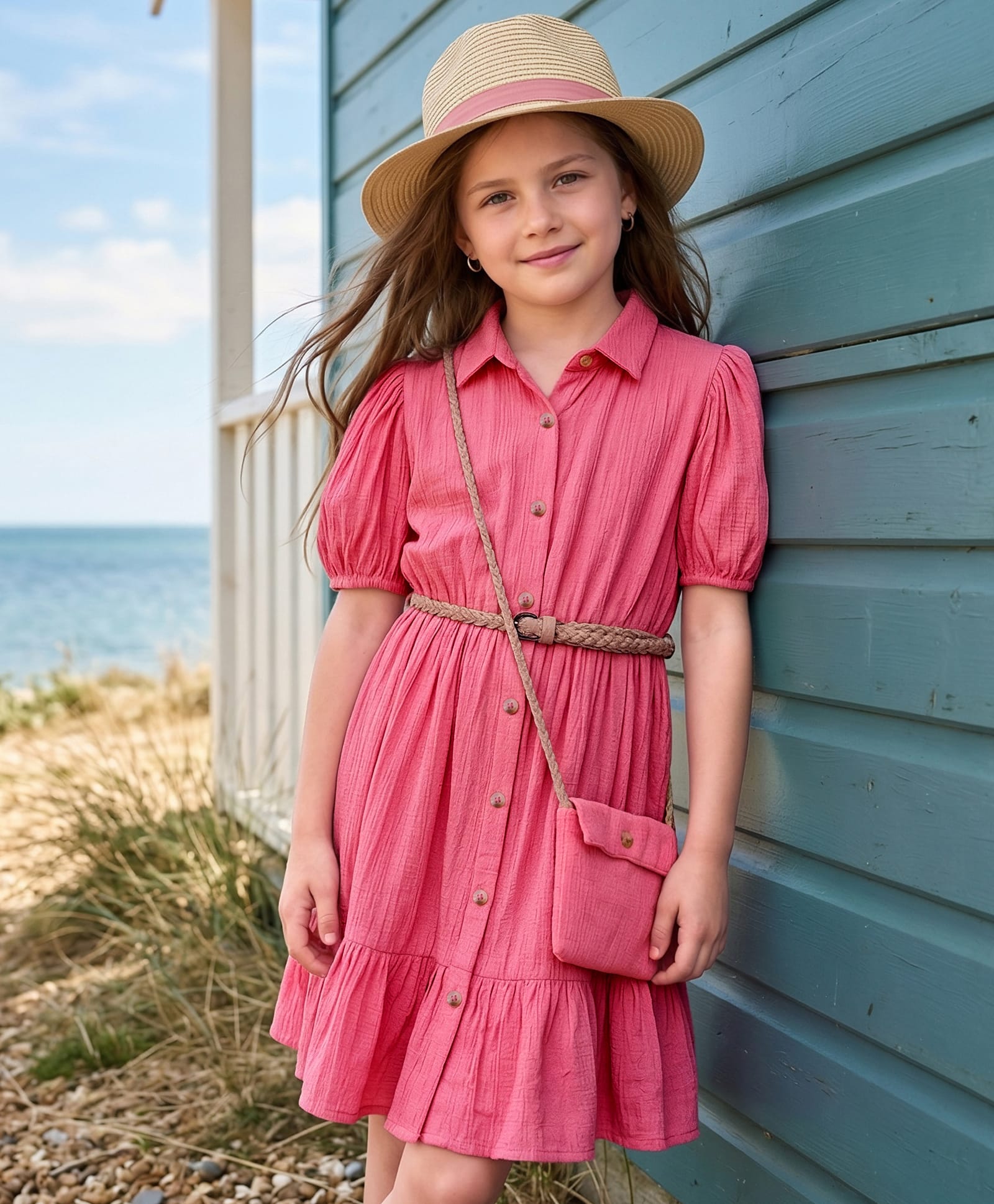 Hola Bonita Cotton Rayon Woven Half Sleeves Solid Textured Dress with Belt & Sling Bag - Pink-image-3