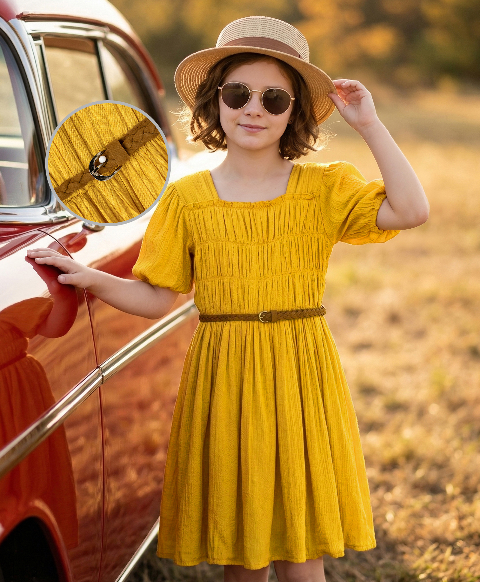 Hola Bonita Cotton Woven One Piece Dresses/Frocks Half Sleeves Square Neck Solid Textured Knee Length MUSTARD 6-7 Years-image-7