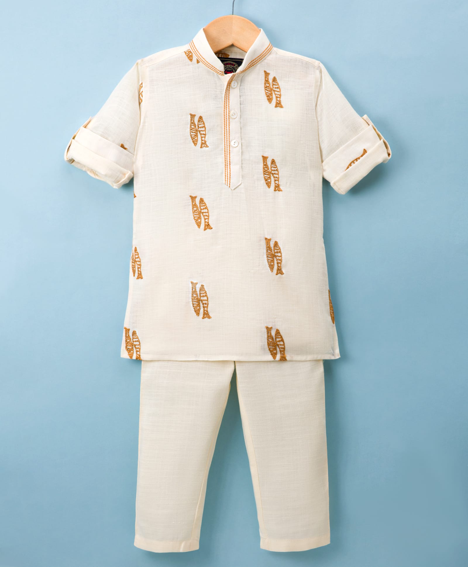 Little Bull Full Sleeves Fishes Embroidered Kurta & Pyjama Set - Cream-picture-27