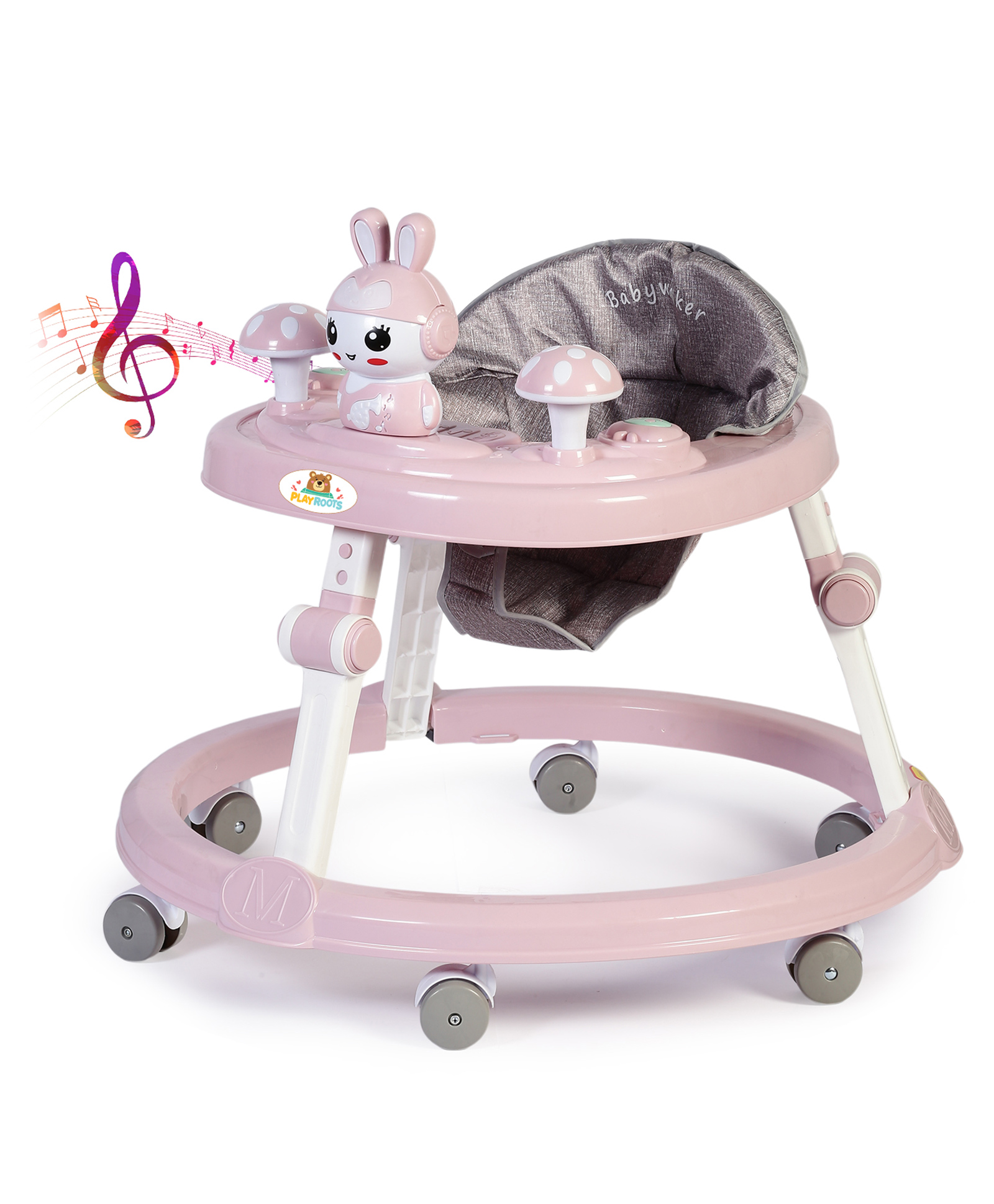 PLAYROOTS Multifunctional Rabbit Face Walker with Removable Musical Tray & 2 Level Height Adjustment - Pink