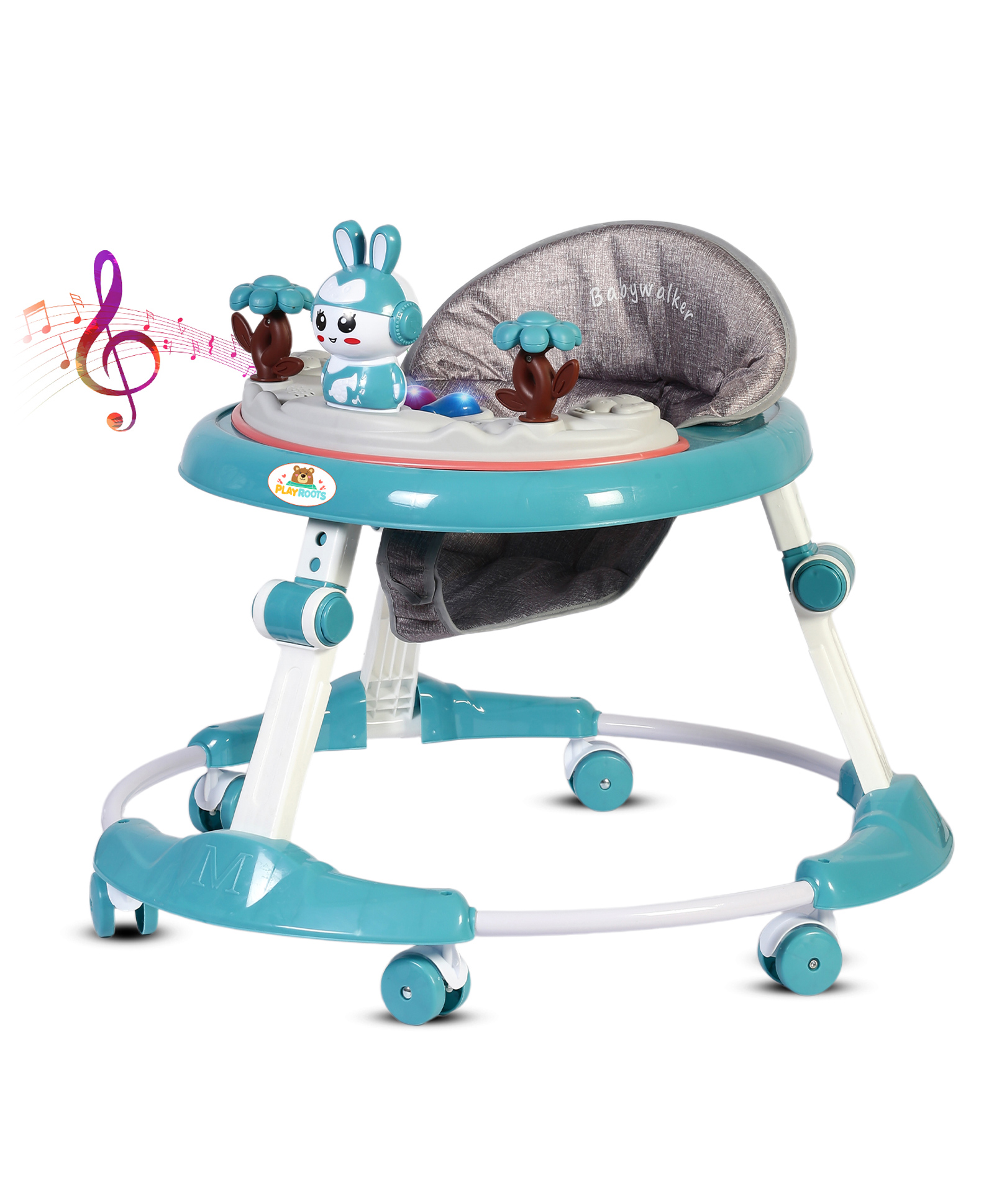 PLAYROOTS Multifunctional Baby Bear Face Walker with Removable Musical Tray & 2 Level Height Adjustment - Blue