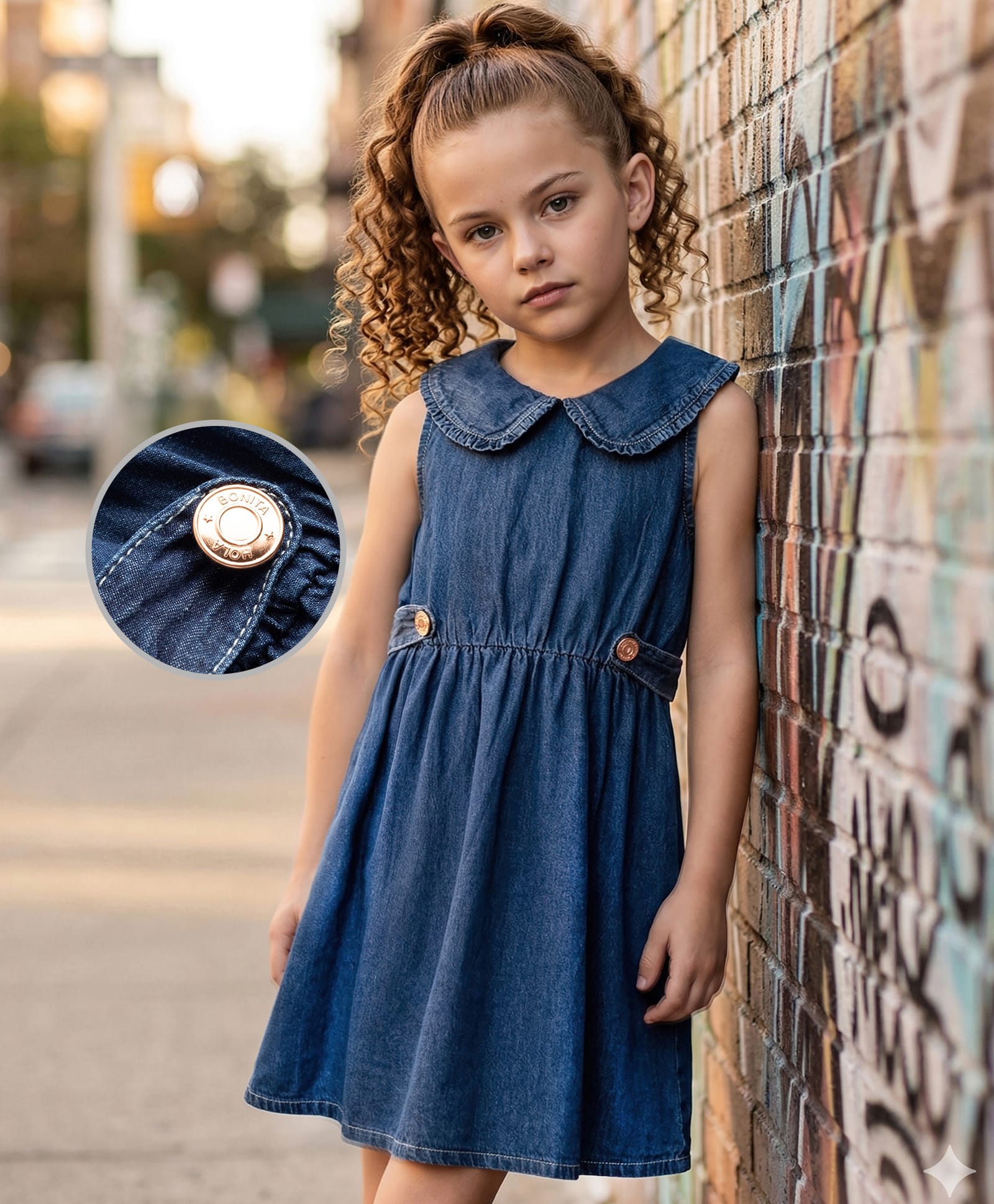 Hola Bonita Cotton Woven Sleeveless Solid Denim Dress - Blue-image-6