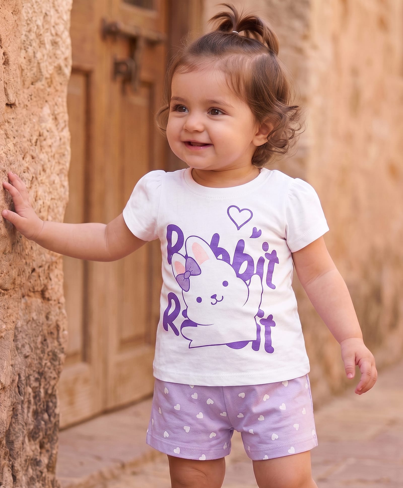 Doodle Poodle 100% Cotton Knit Half Sleeves T-Shirt & Shorts Night Suit with Rabbit Print - Lavender & White-image-35