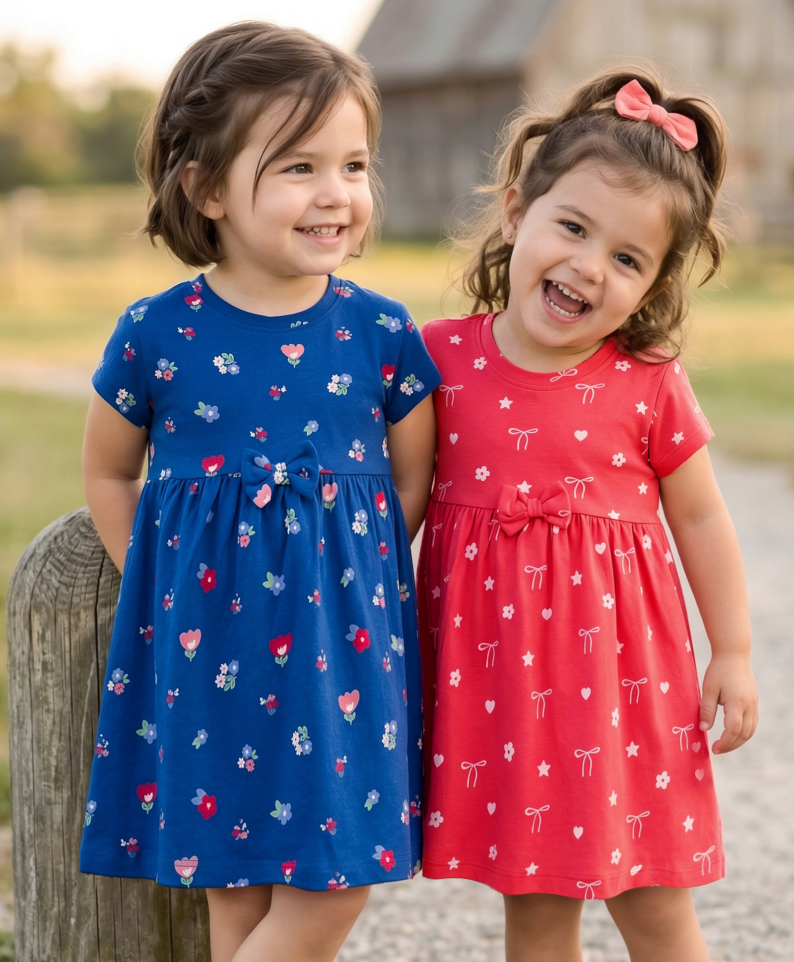 Babyhug Single Jersey Knit Half Sleeves Frocks with Floral Print & Bow Applique Pack of 2 - Multicolor-image-47