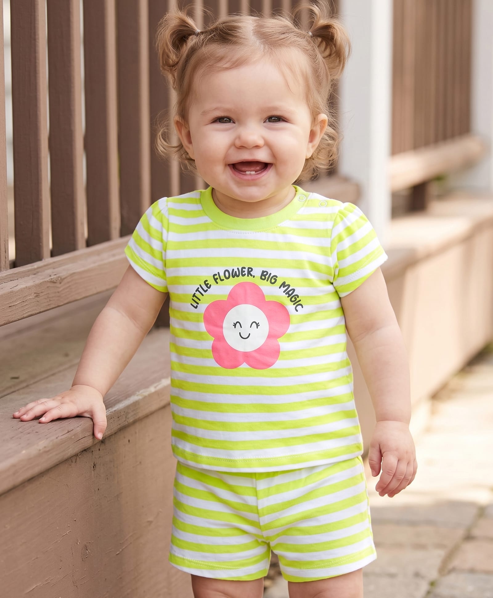 Doodle Poodle Single Jersey Knit Half Sleeves Striped & Floral Printed Co-Ords T-Shirt & Shorts Night Suit - Lime Green-image-43