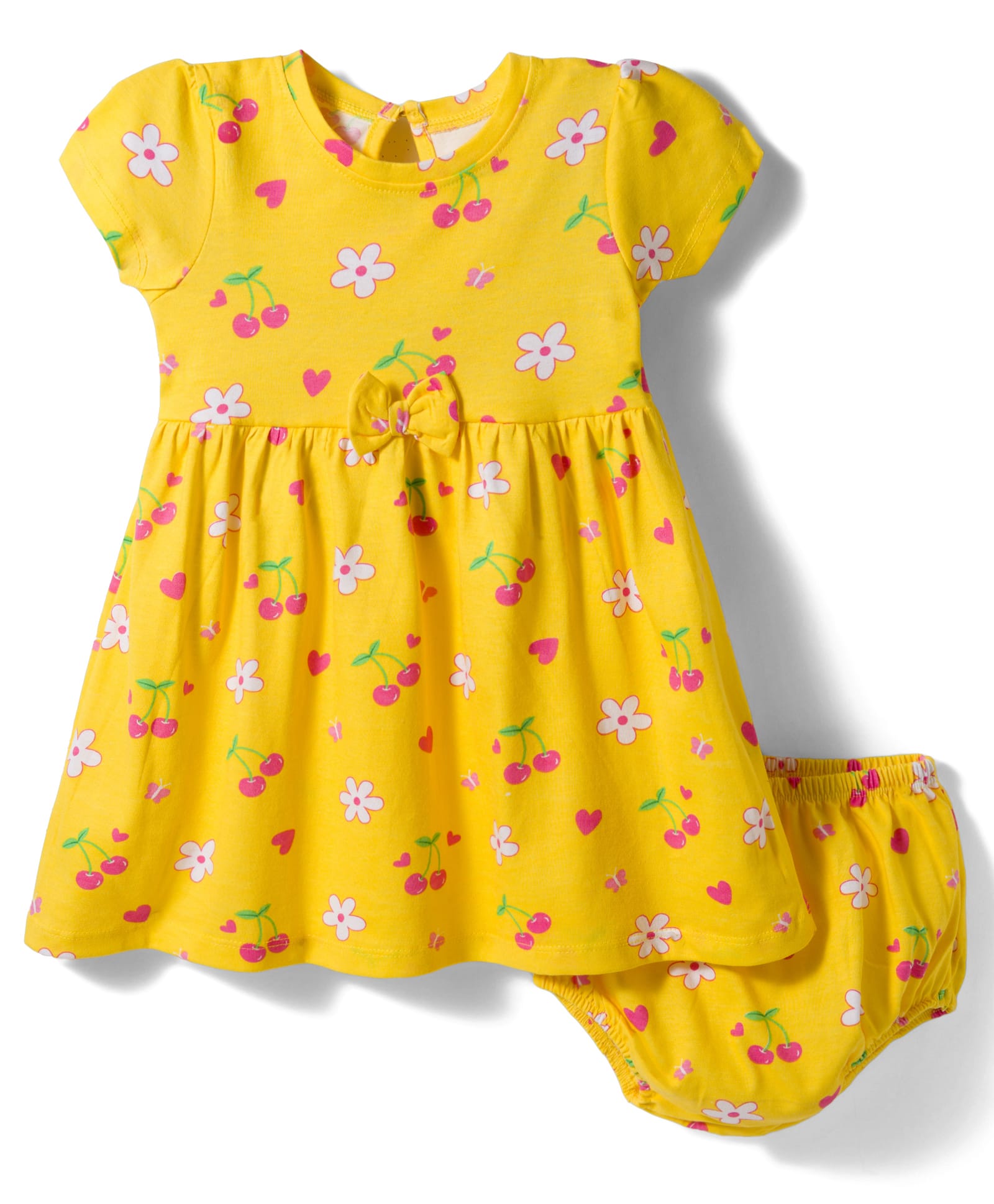 Babyhug 100% Cotton Knit Half Sleeves Floral & Cherry Printed Frock With Bow Applique & Bloomer - Yellow-image-8