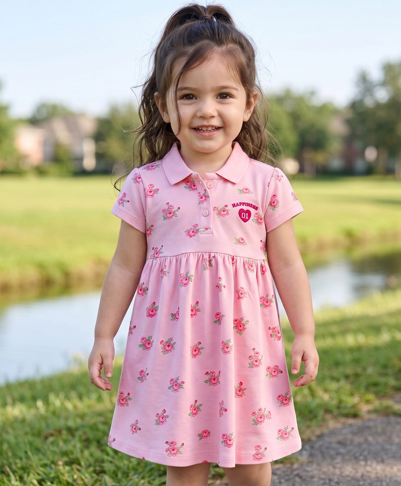 Babyhug Cotton Knit One Piece Dresses / Frocks with Polo Collar Half Sleeves All Over Floral Print Pink 6-9 Months-image-5