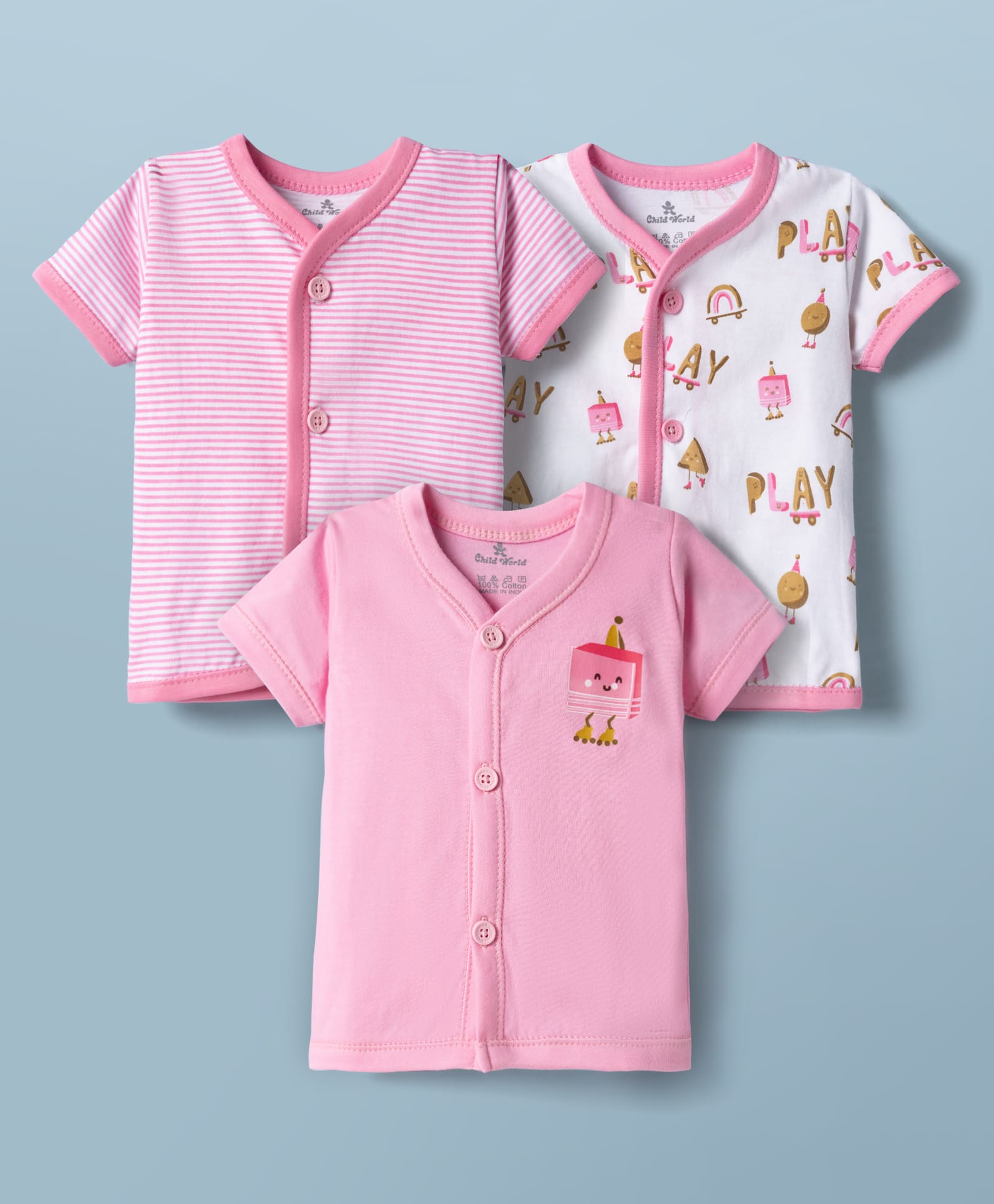 Child World Sinker Knit Half Sleeves Striped & Text Printed Jhablas Pack Of 3 - Pink-picture-31