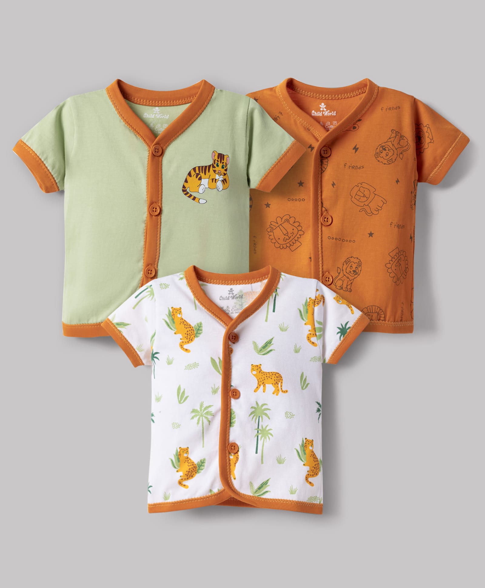 Child World Sinker Knit Half Sleeves Jungle Theme Printed Jhablas Pack Of 3 - Orange White & Light Green-picture-45
