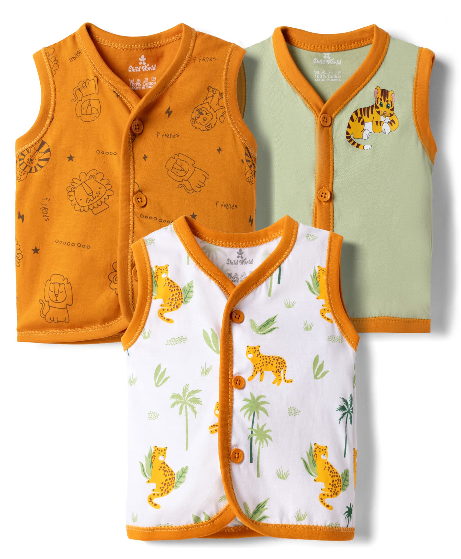 Child World Sinker Knit Sleeveless Animal Printed Jhablas Pack Of 3 - Orange Light Green & White-picture-1