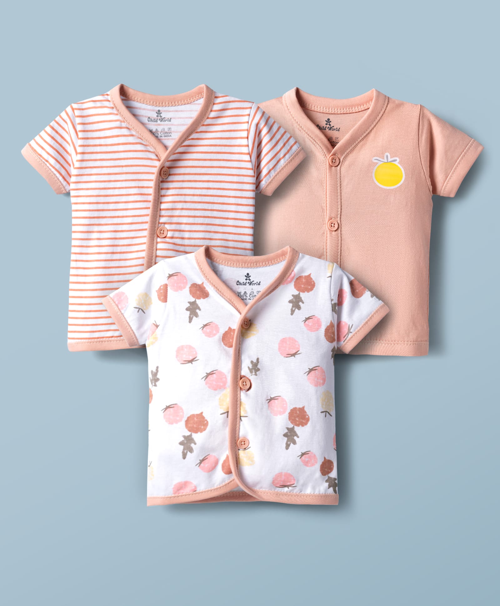 Child World Sinker Knit Half Sleeves Tropical Theme & Striped Jhablas Pack Of 3 - Peach & White-picture-27
