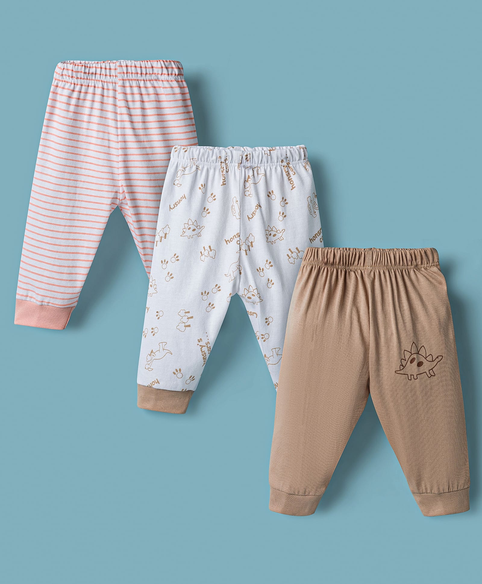 Child World Sinker Knit Full Length Lounge Pants with Striped & Dino Print Pack of 3 - Brown White & Pink-picture-22