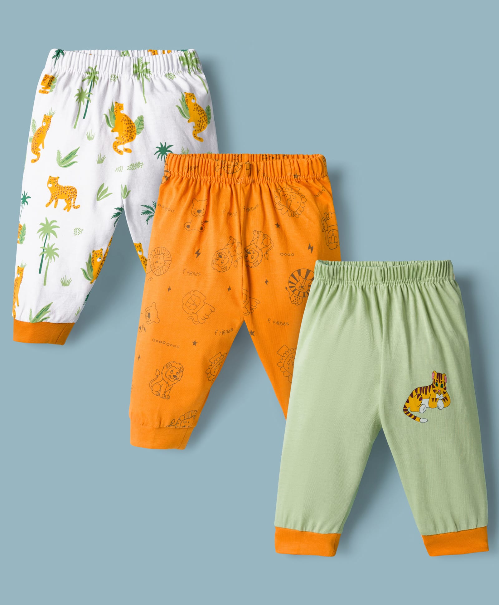 Child World Sinker Knit Full Length Lounge Pants with Animal Print Pack of 3 - Orange White & Green-image-20