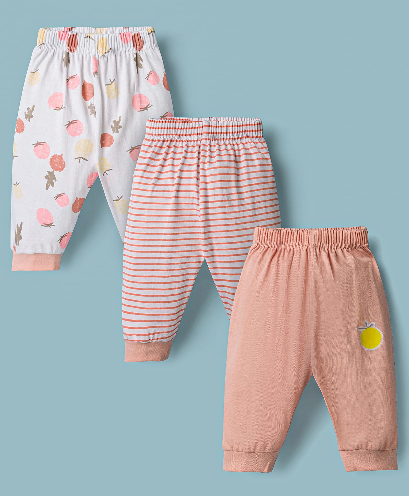 Child World Sinker Knit Full Length Striped & Fruit Printed Lounge Pants Pack of 3 - Pink Rust & White-picture-15