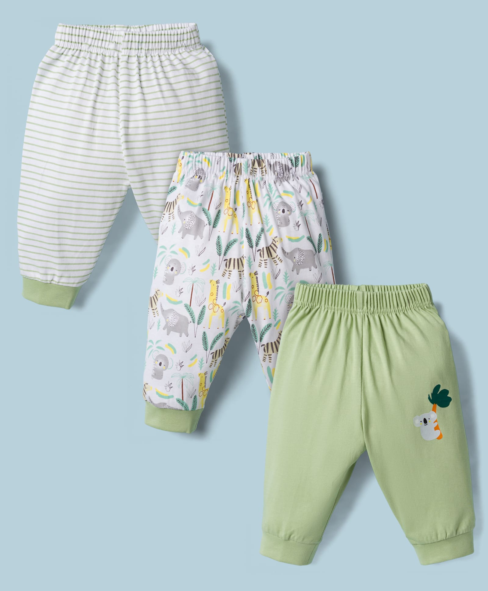 Child World Sinker Knit Full Length Lounge Pants with Striped & Animal Print Pack of 3 - Green White & Grey-image-13