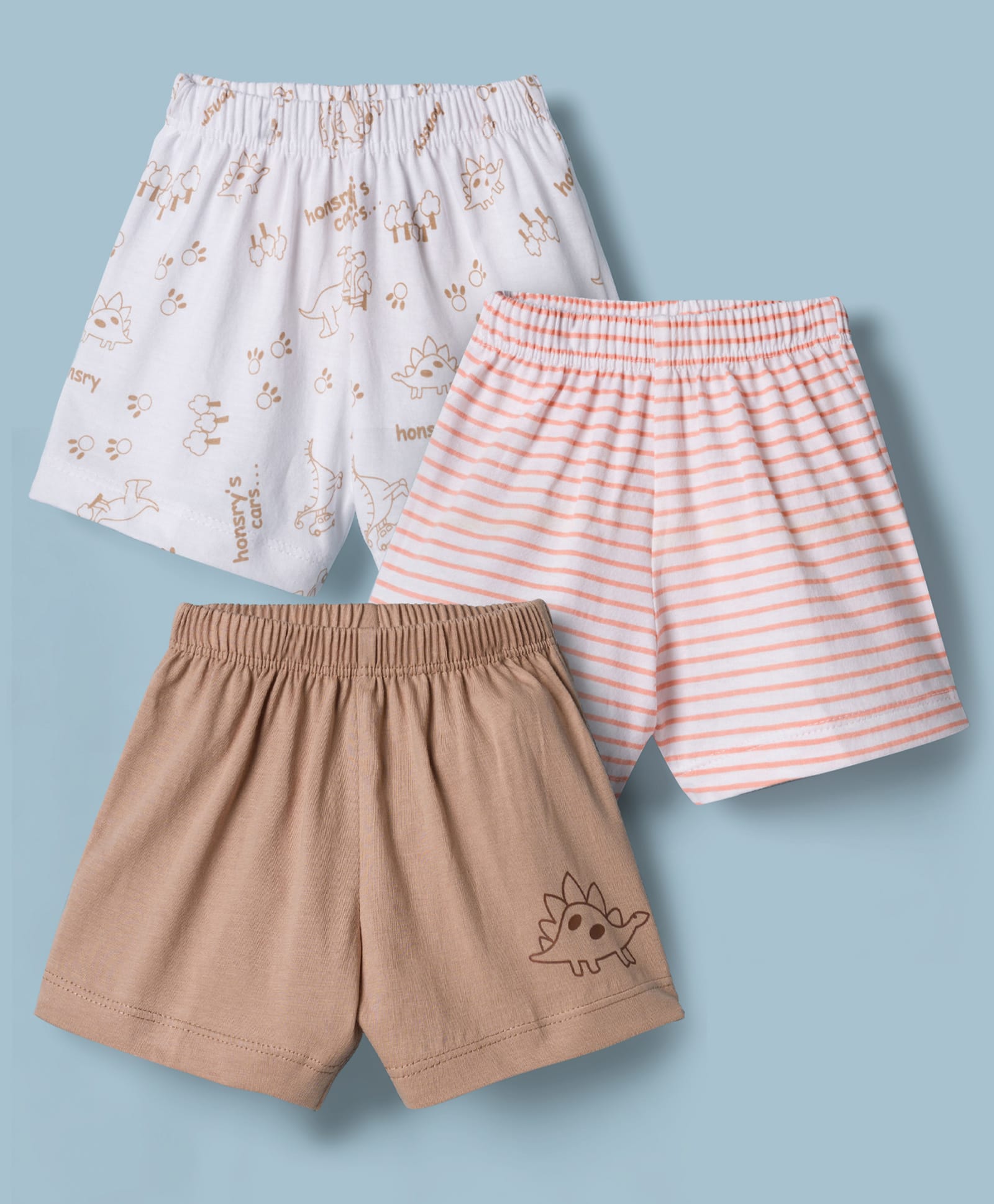 Child World Sinker Cotton Knit Knee Length Dino Printed & Striped Shorts Pack Of 3 - Brown Peach & White-picture-6