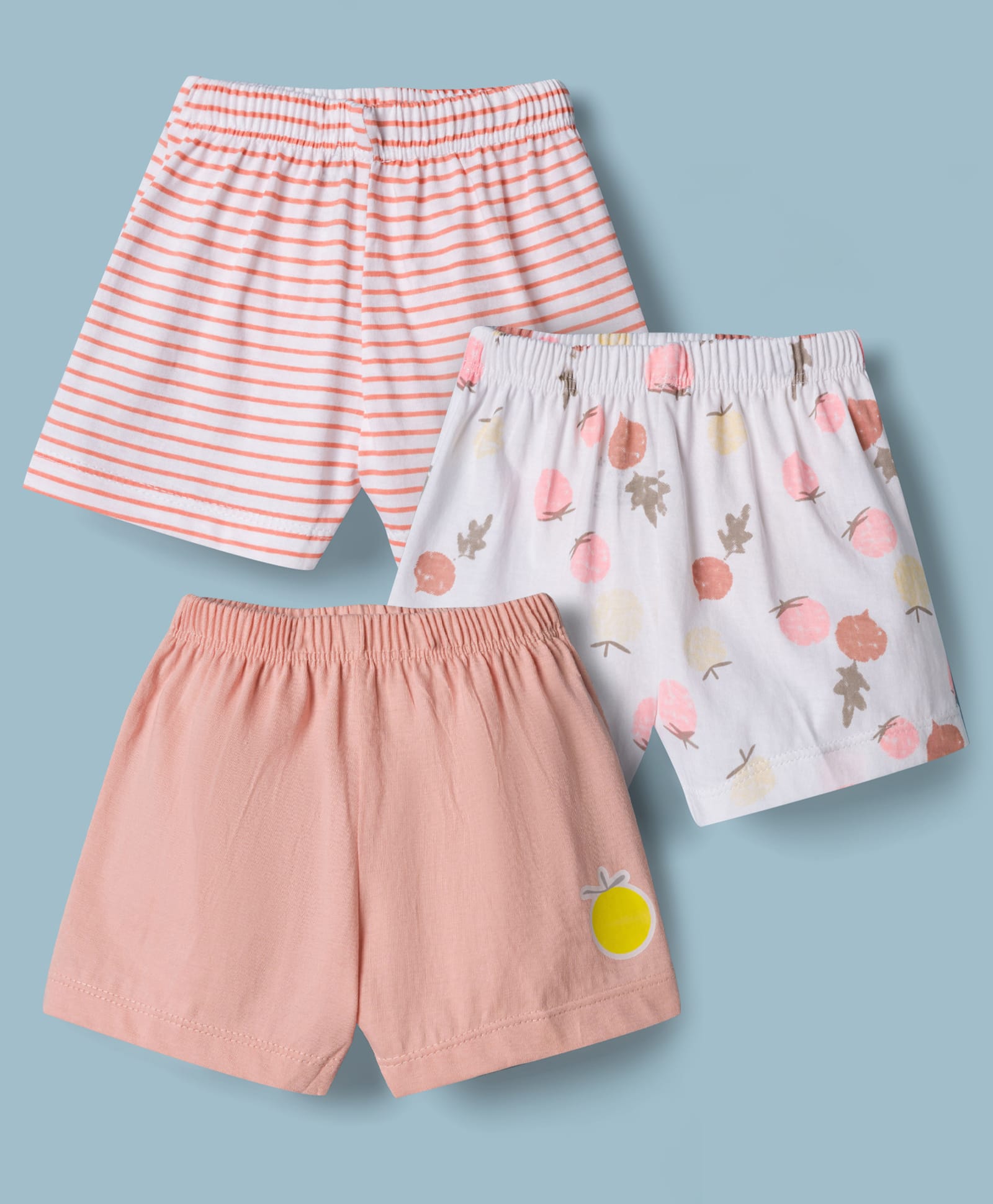 Child World Sinker Cotton Knit Knee Length Tropical Theme & Striped Shorts Pack Of 3 - Peach & White-picture-16