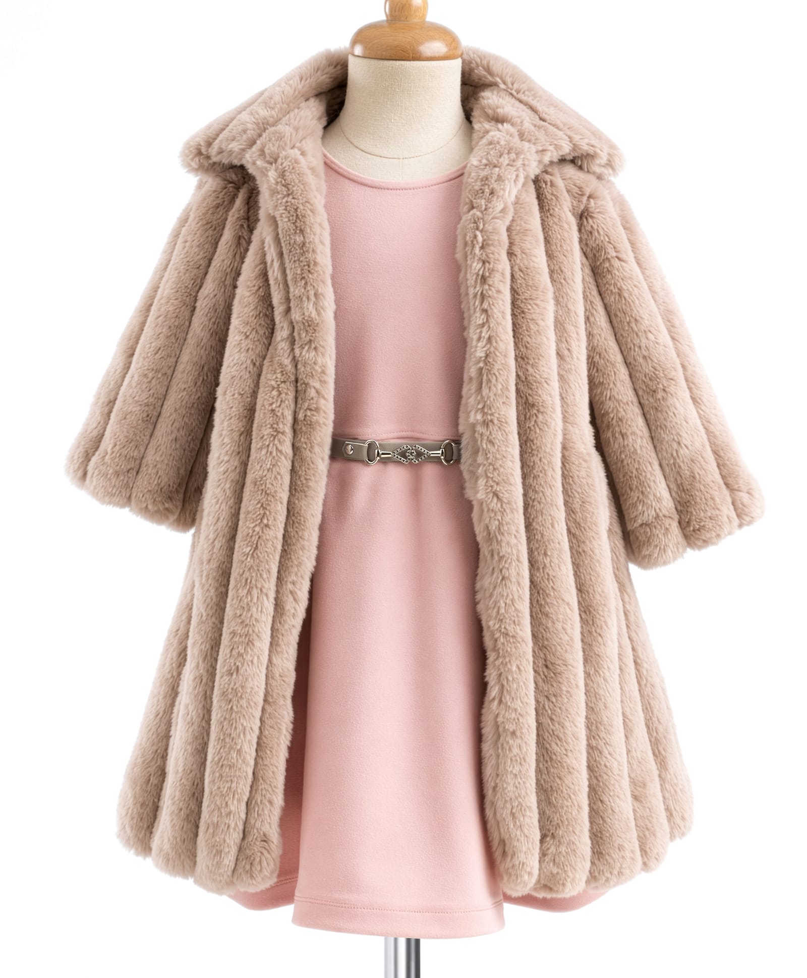 Enfance Fur Woven Full Sleeves Solid Party Dress With Fur Jacket - Pink-picture-12