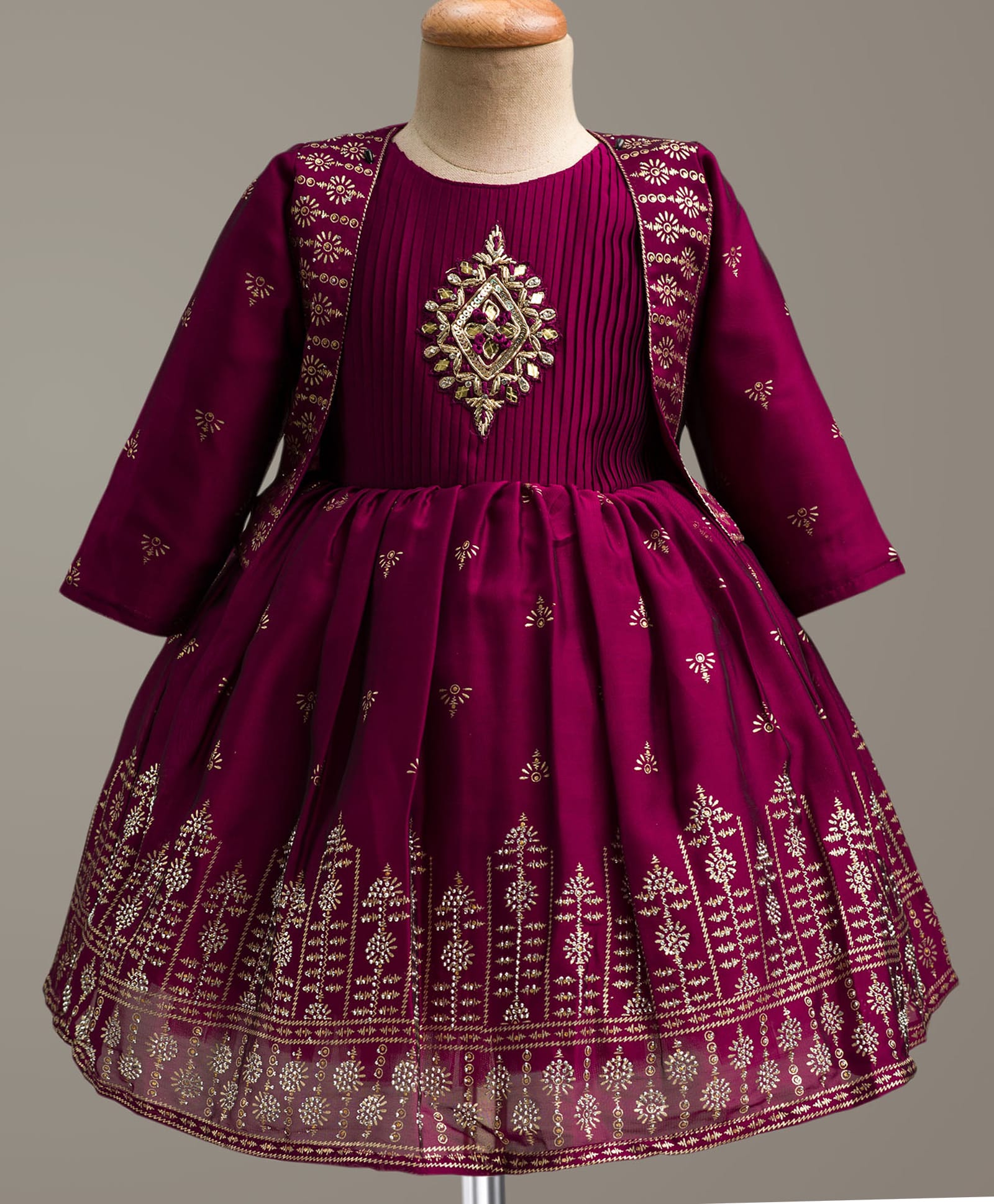 Enfance Cotton Silk Woven Three Fourth Sleeves Design Printed & Embellished Ethnic Dress With Jacket - Wine-image-45