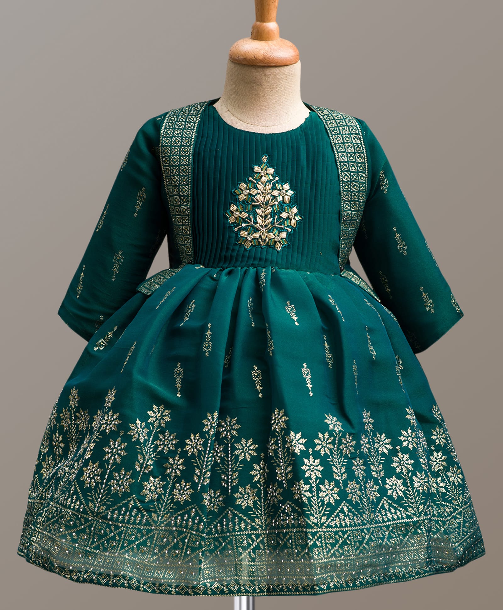 Enfance Cotton Silk Woven Three Fourth Sleeves Design Printed & Embellished Ethnic Dress With Jacket - Green-picture-13
