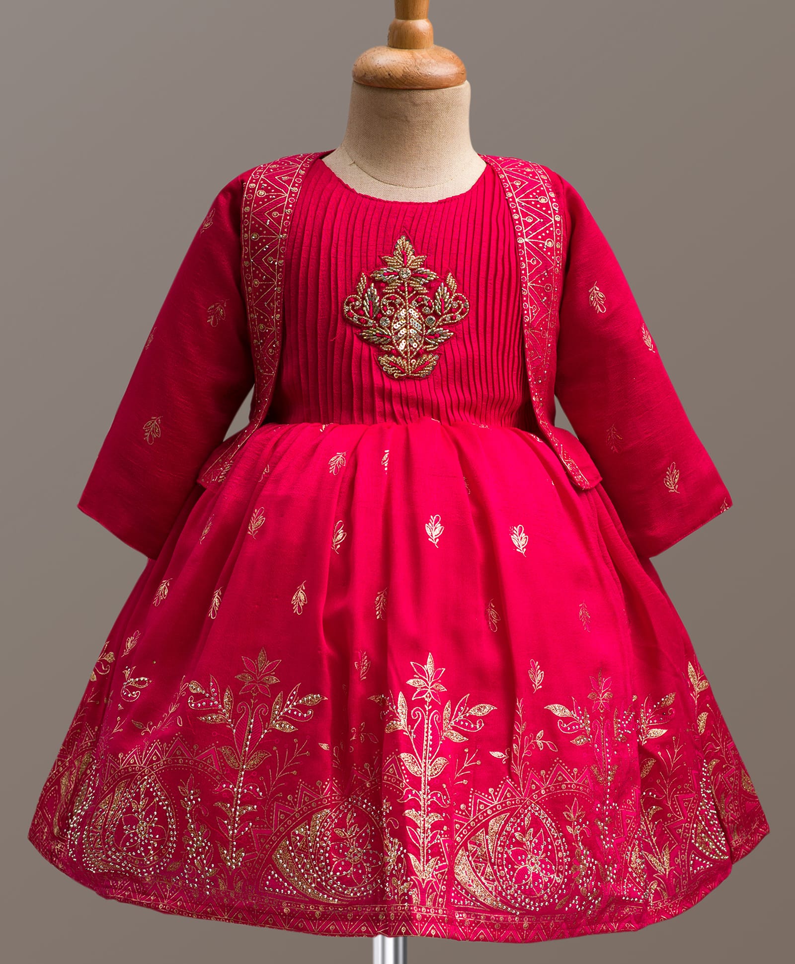 Enfance Cotton Silk Woven Three Fourth Sleeves Floral Design Printed & Embellished Ethnic Dress With Jacket - Dark Pink-picture-42