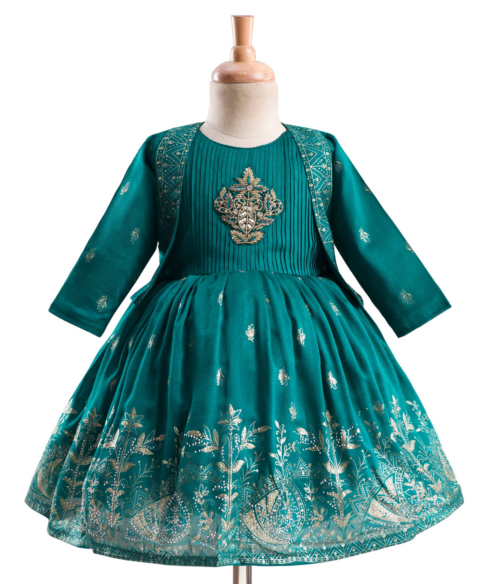 Enfance Cotton Silk Woven Three Fourth Sleeves Floral Design Printed & Embellished Ethnic Dress With Jacket - Mint-image-38