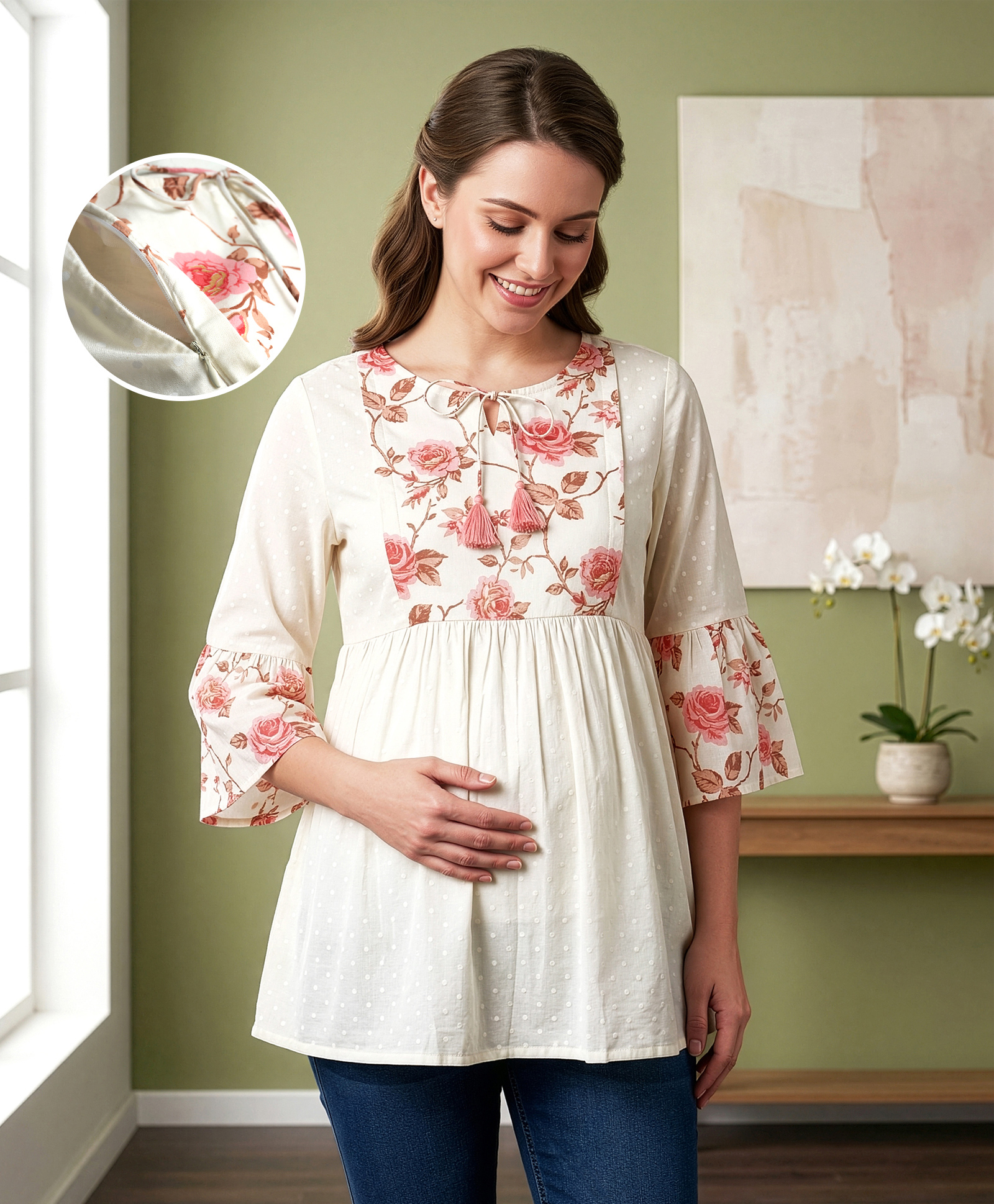 Bella Mama Cotton Woven Three Fourth Sleeves Maternity Top With Floral Printed Yoke - Off White