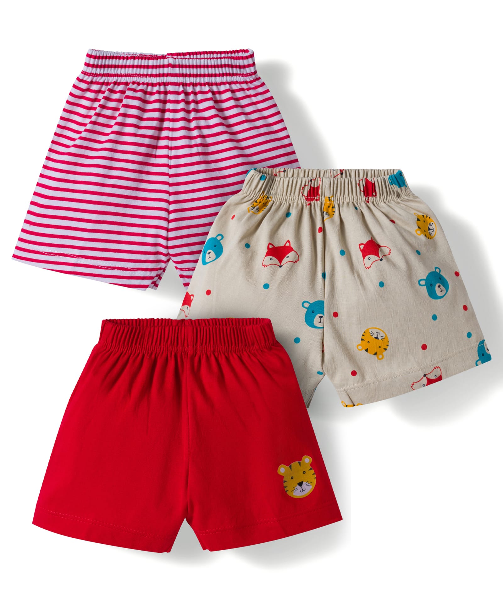 Child World Sinker Knit Knee Length Shorts with Striped Polka Dots & Animal Print Pack of 3 - White & Red-picture-45