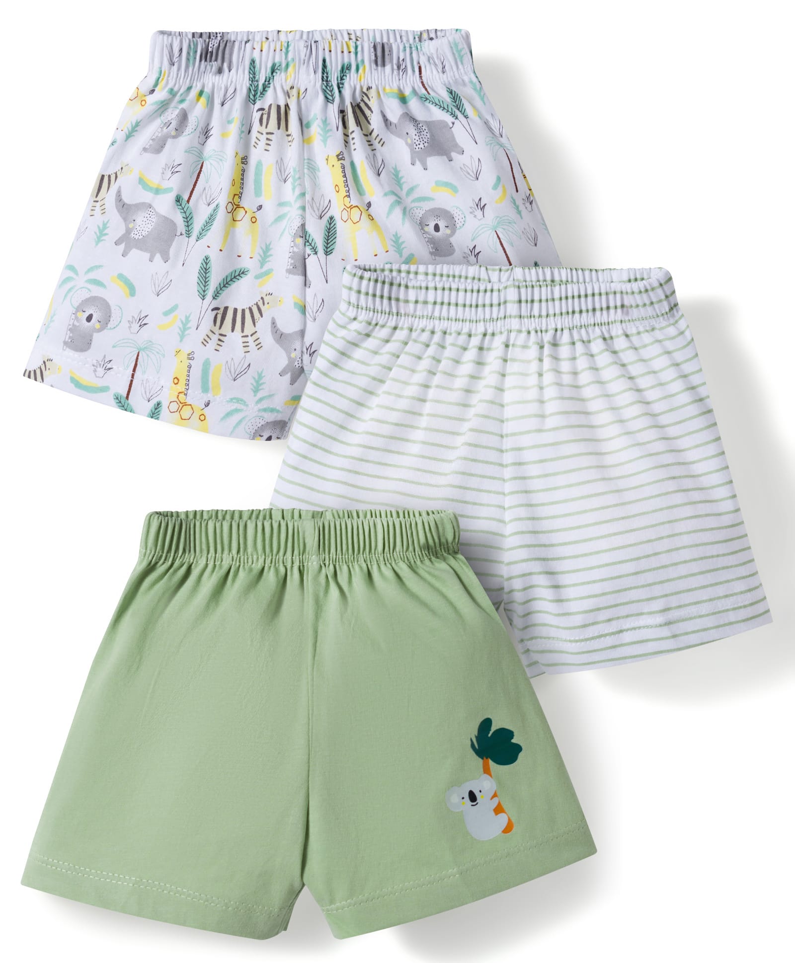 Child World Sinker Knit Knee Length Shorts with Striped & Animal Print Pack of 3 - Green & White-image-8