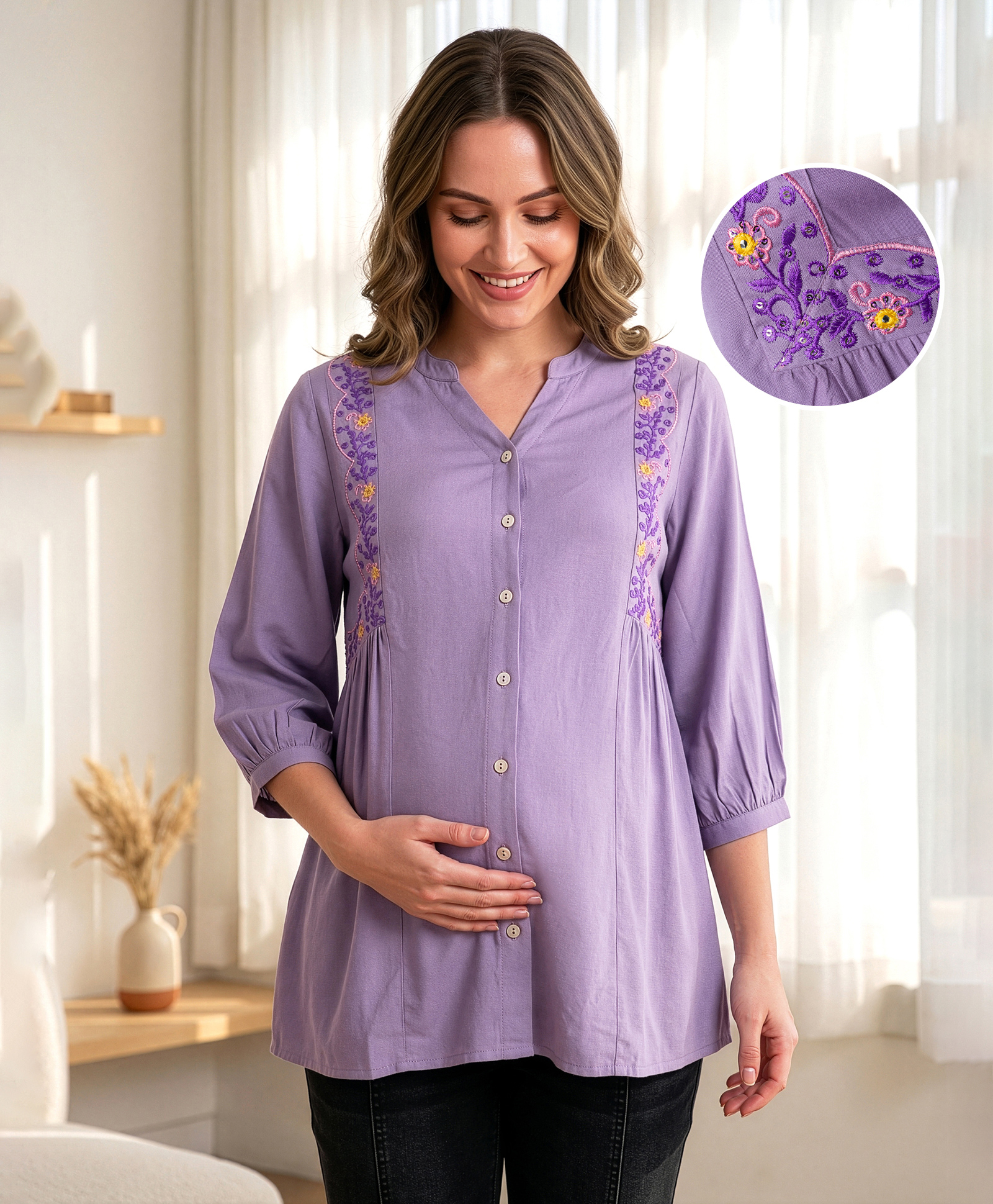 Bella Mama Viscose Woven Three Forth Sleeves Floral Embroidered Maternity Top - Lilac-picture-21