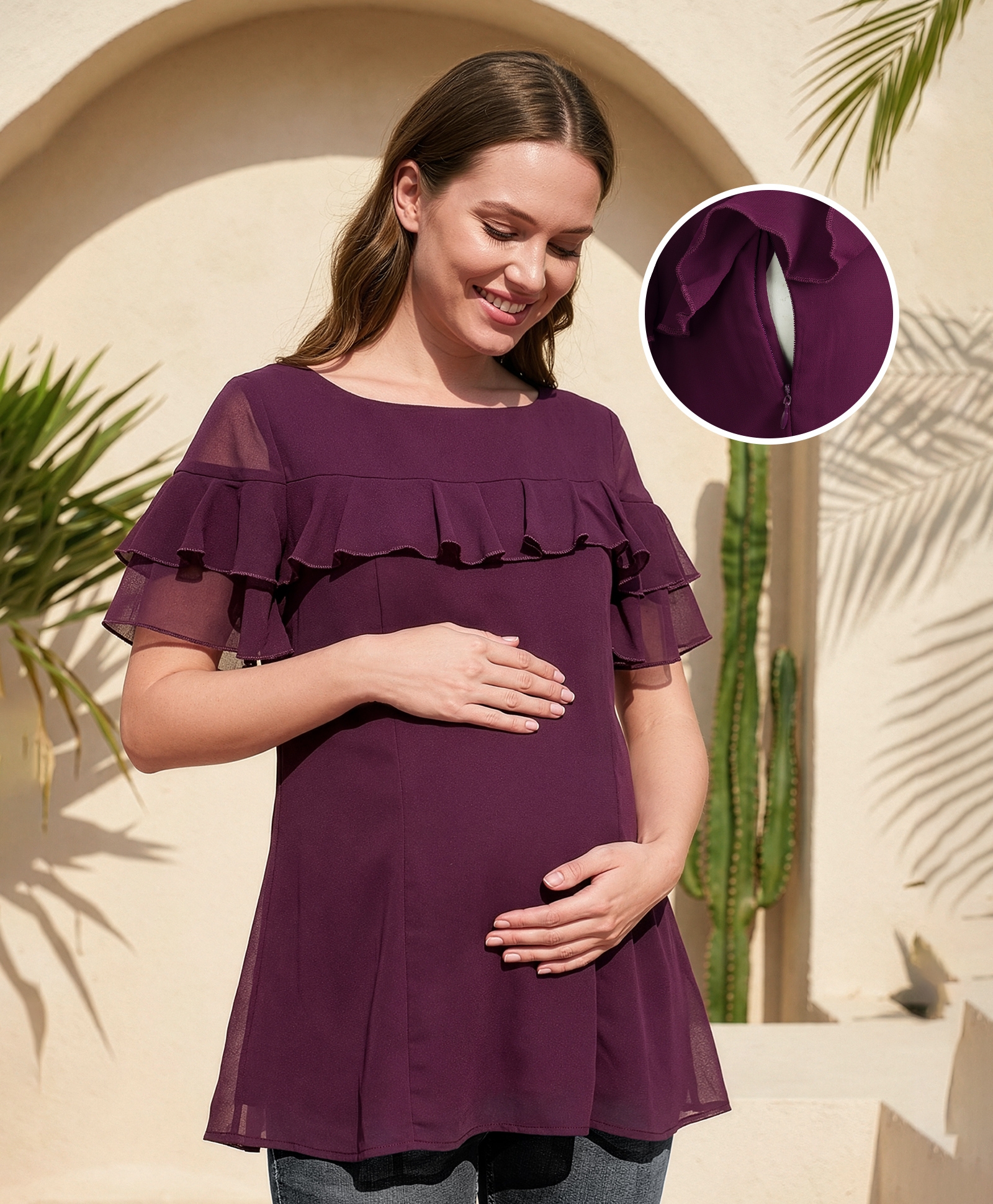 Bella Mama Woven Half Sleeves Solid Colour Maternity Top with Ruffle Detailing - Wine