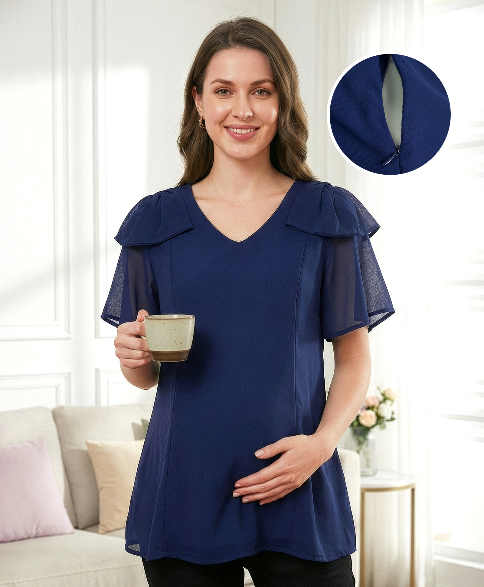 Bella Mama Woven Half Sleeves Solid Colour Maternity Top - Navy Blue-image-5