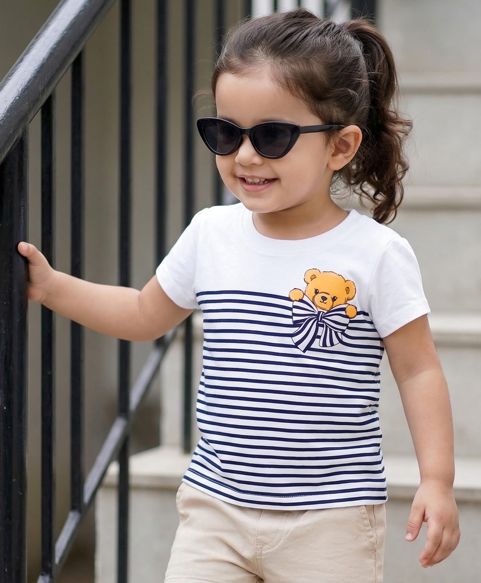 Babyhug Cotton Knit Half Sleeves Striped T-Shirt with Bear Print - White & Blue-image-21